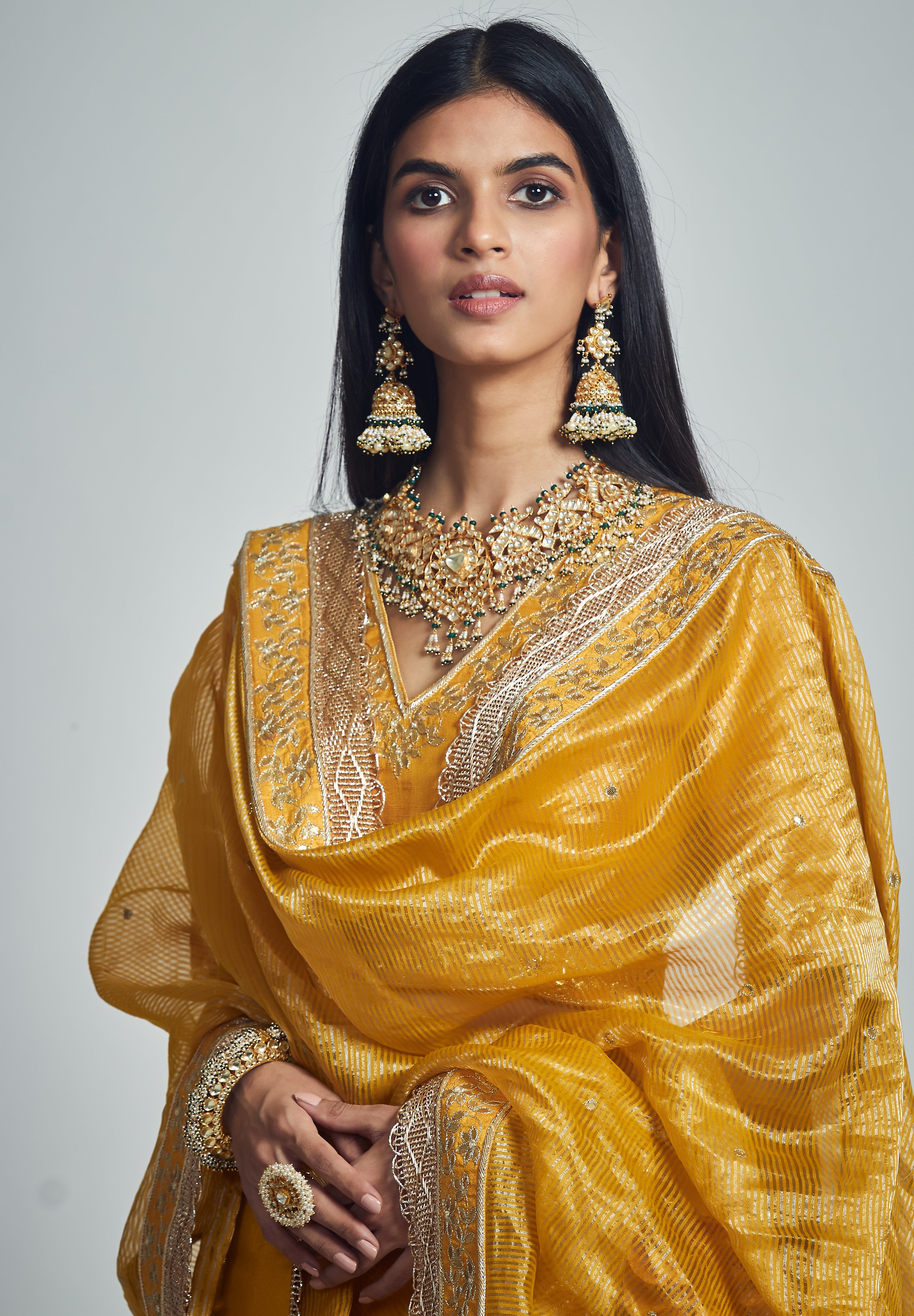 Razaana- Happy mustard Gota patti embroidered lehenga with blouse and dupatta