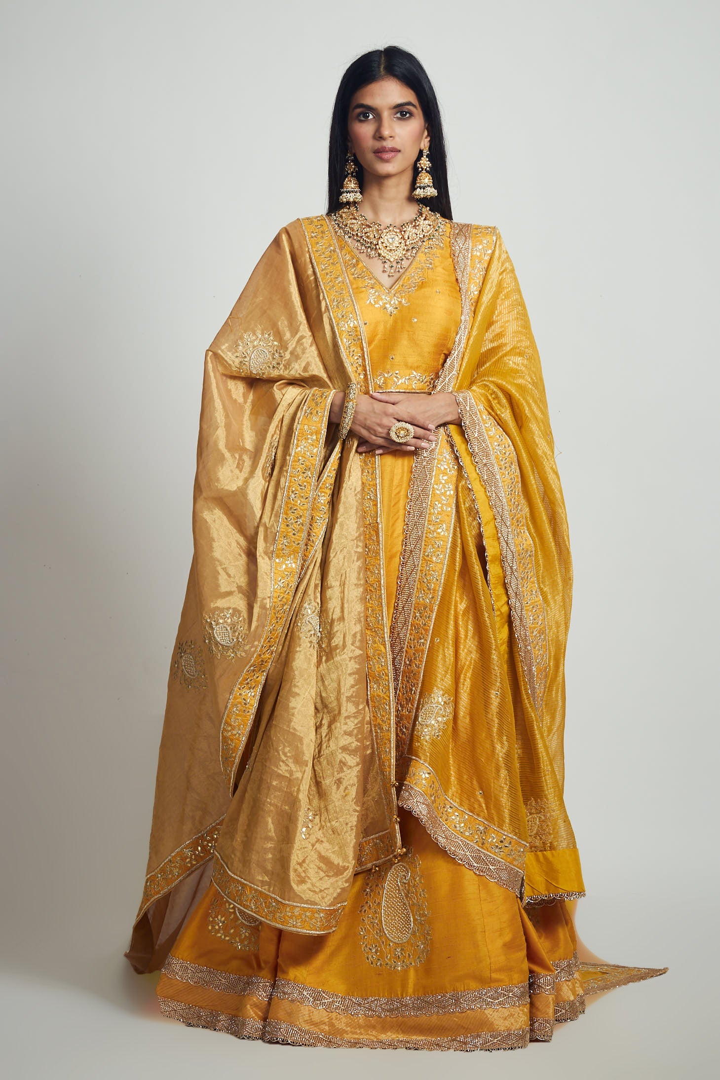 Razaana- Happy mustard Gota patti embroidered lehenga with blouse and dupatta
