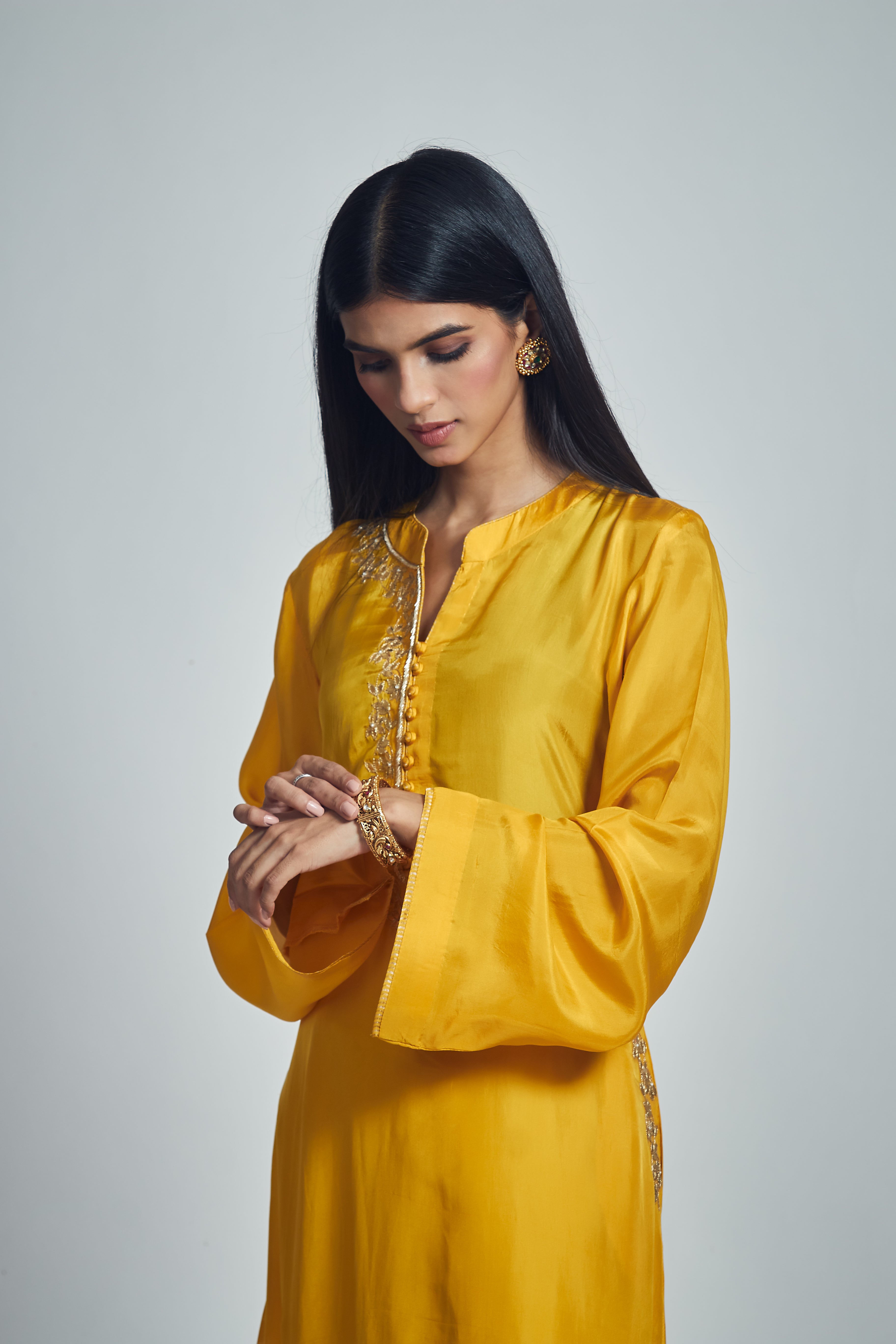 Nyasia- Happy mustard Habutai silk Gota patti embroidered choga