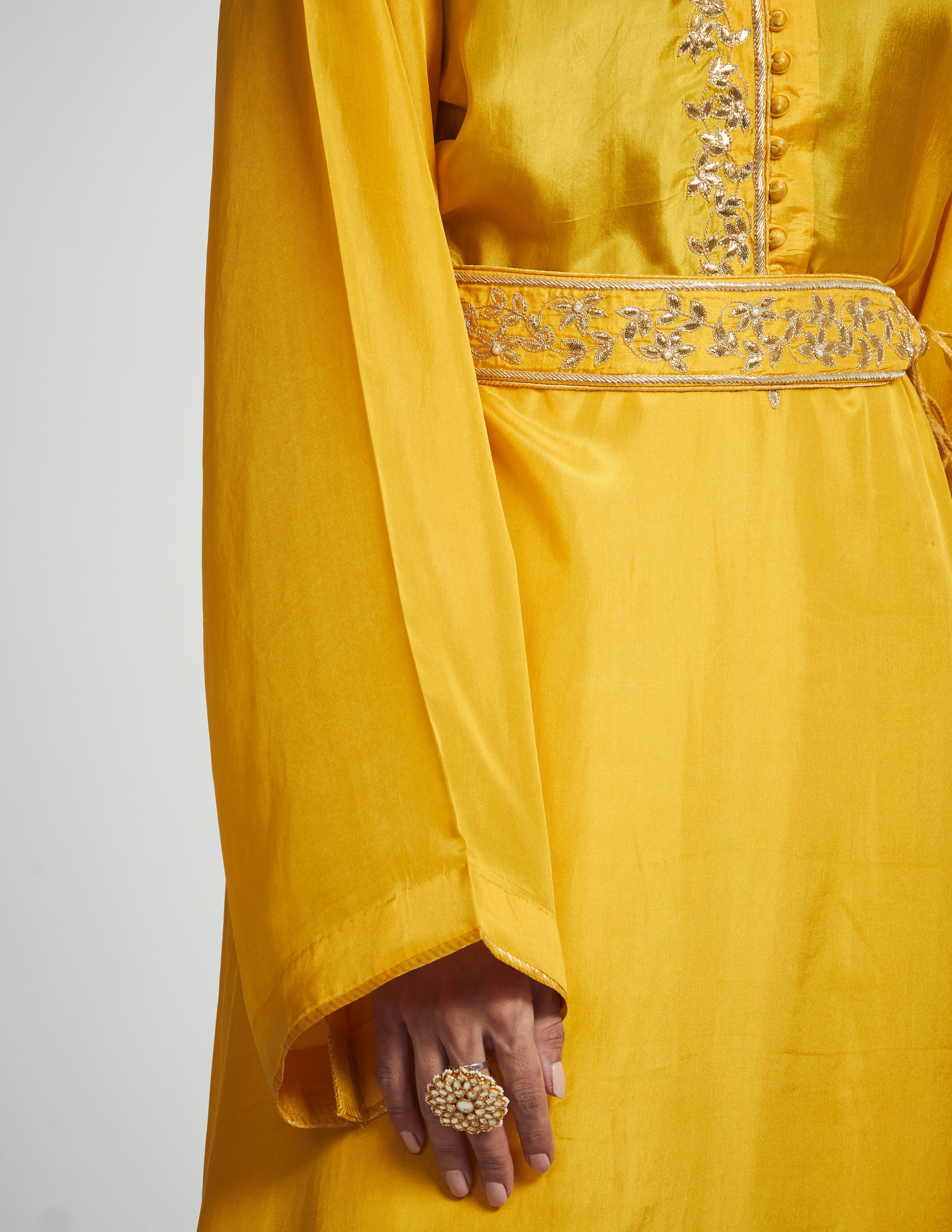 Nyasia- Happy mustard Habutai silk Gota patti embroidered choga