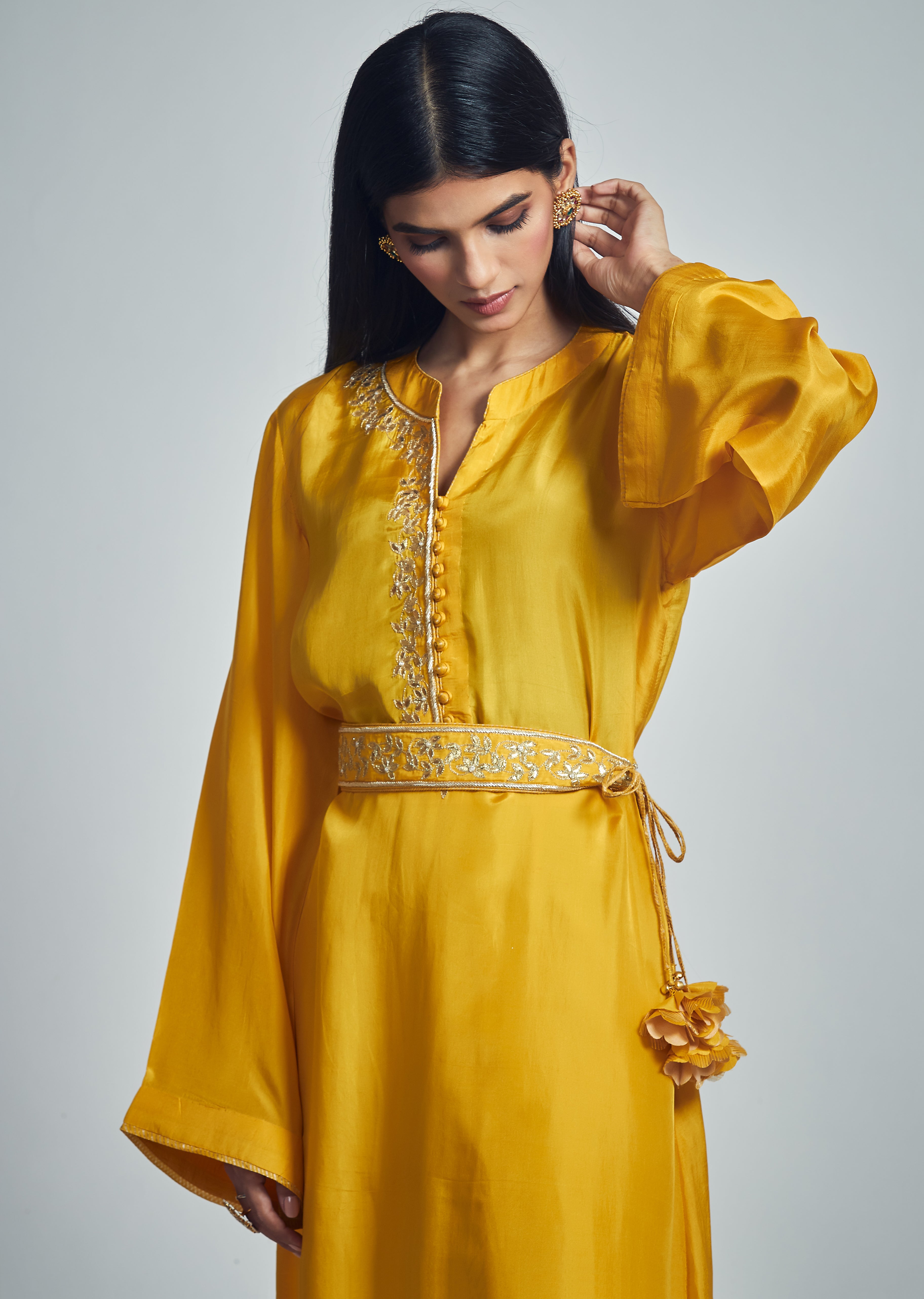 Nyasia- Happy mustard Habutai silk Gota patti embroidered choga