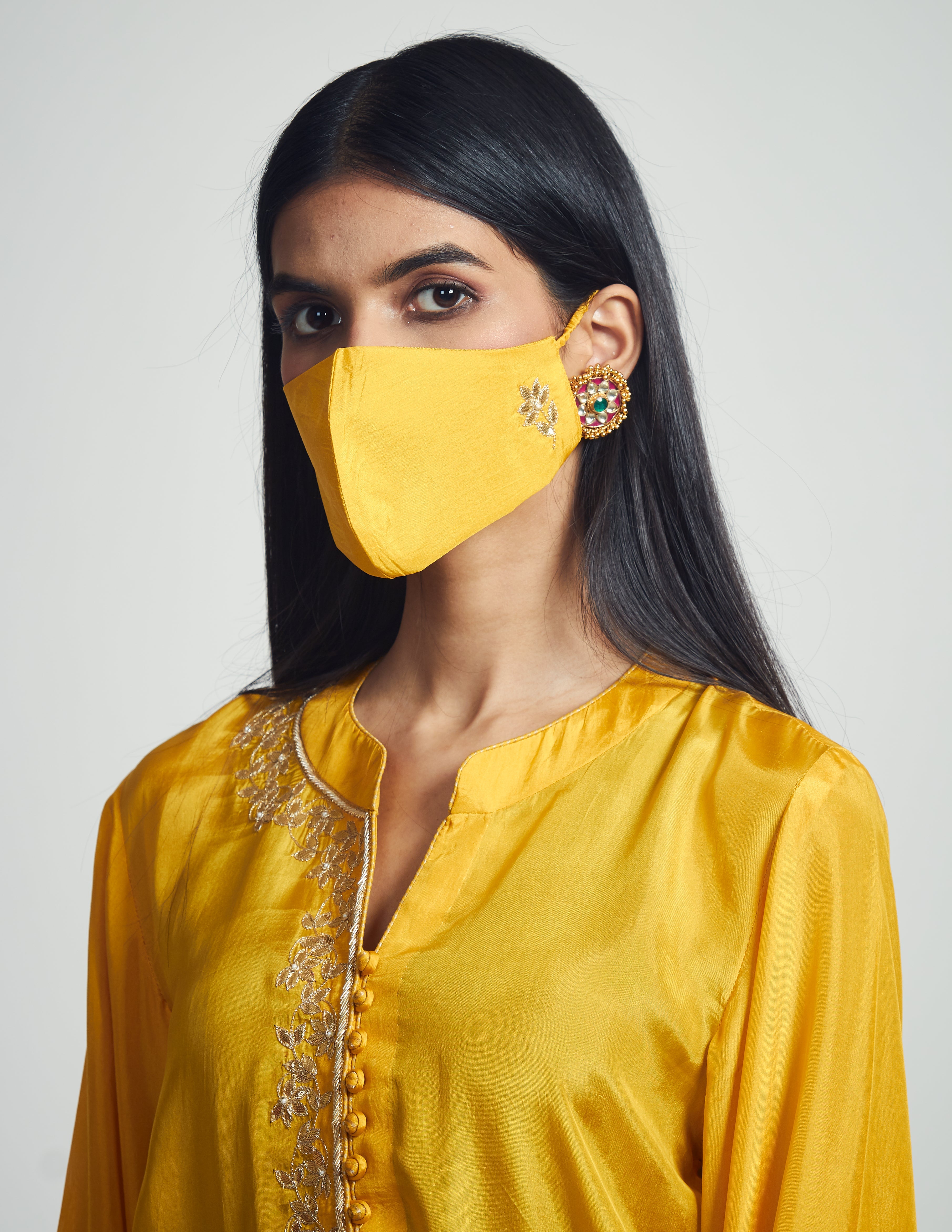 Nyasia- Happy mustard Habutai silk Gota patti embroidered choga