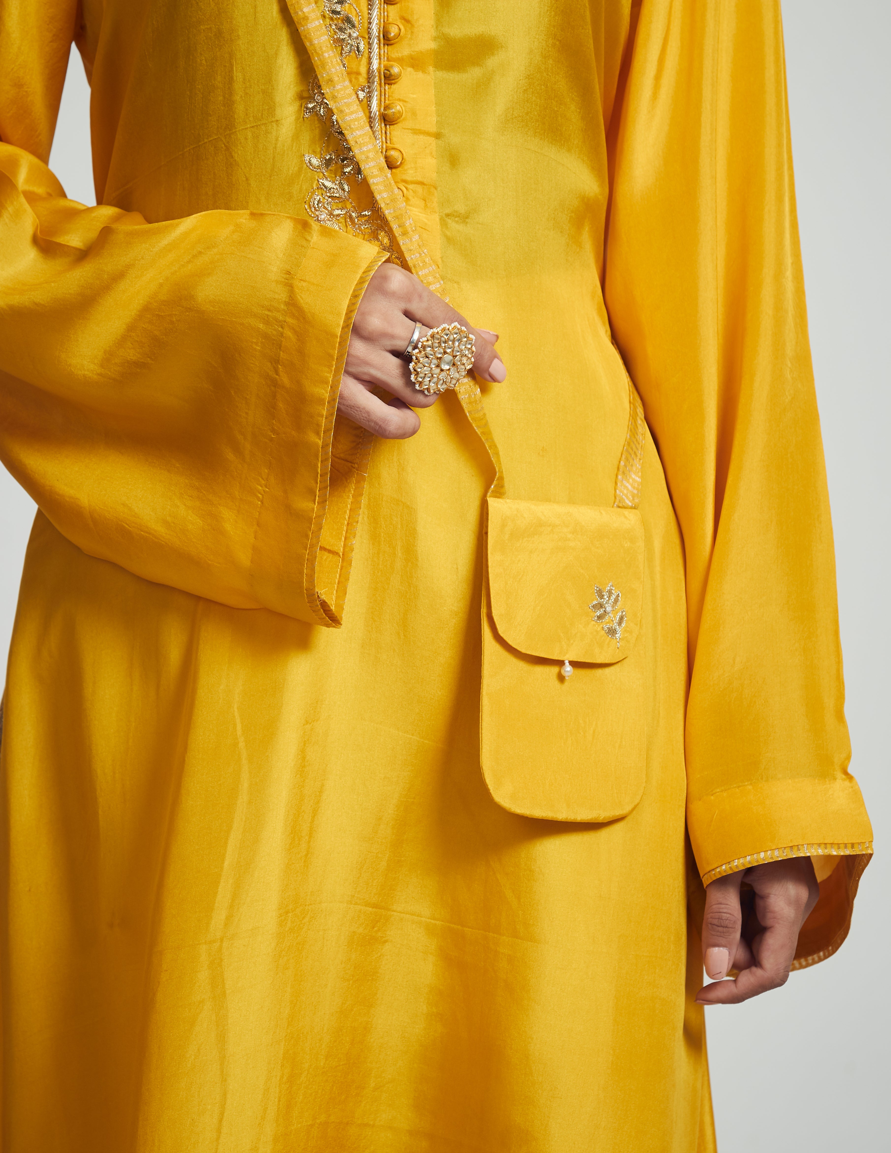 Nyasia- Happy mustard Habutai silk Gota patti embroidered choga