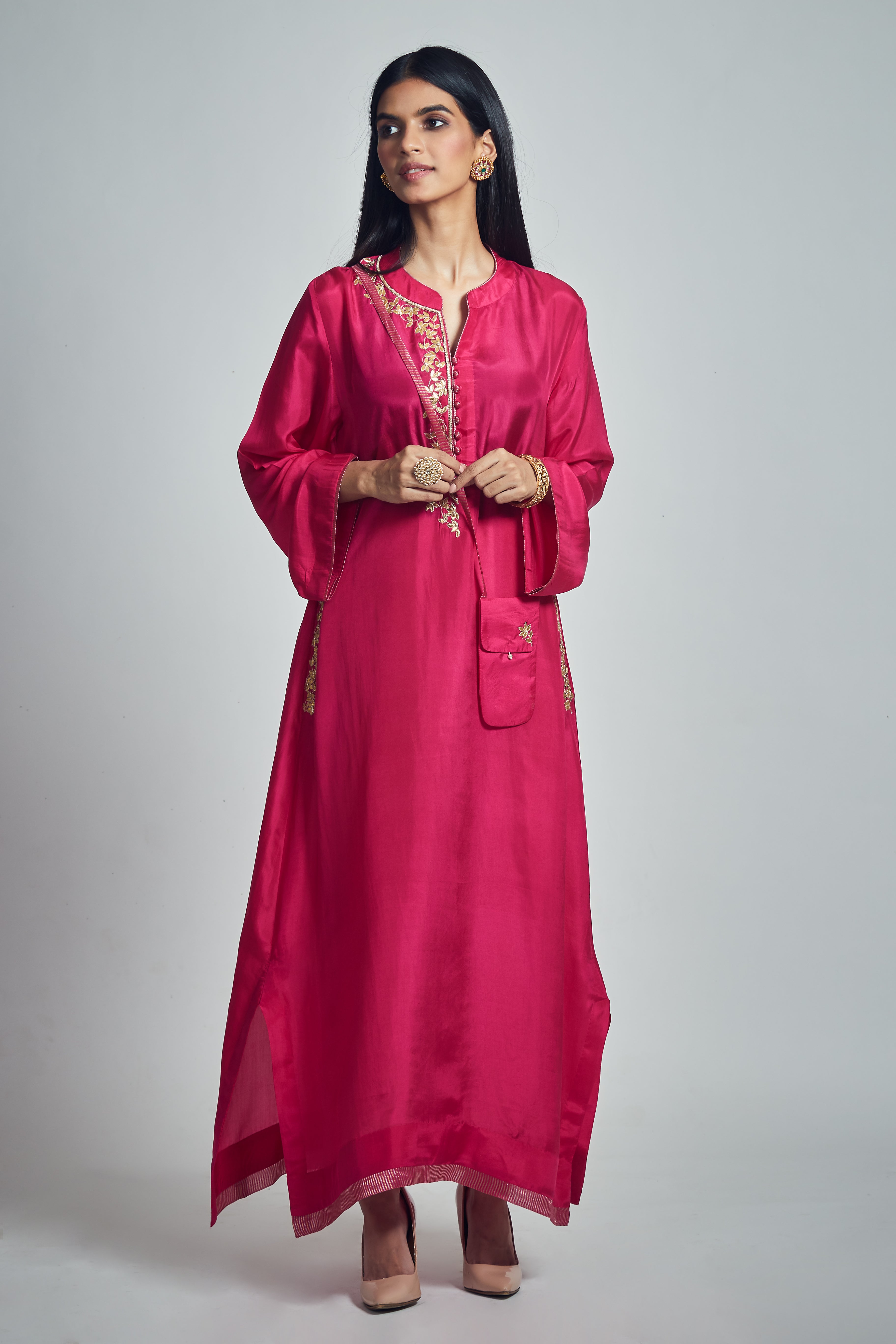 Nyasia- Pink Habutai silk Gota patti embroidered Choga