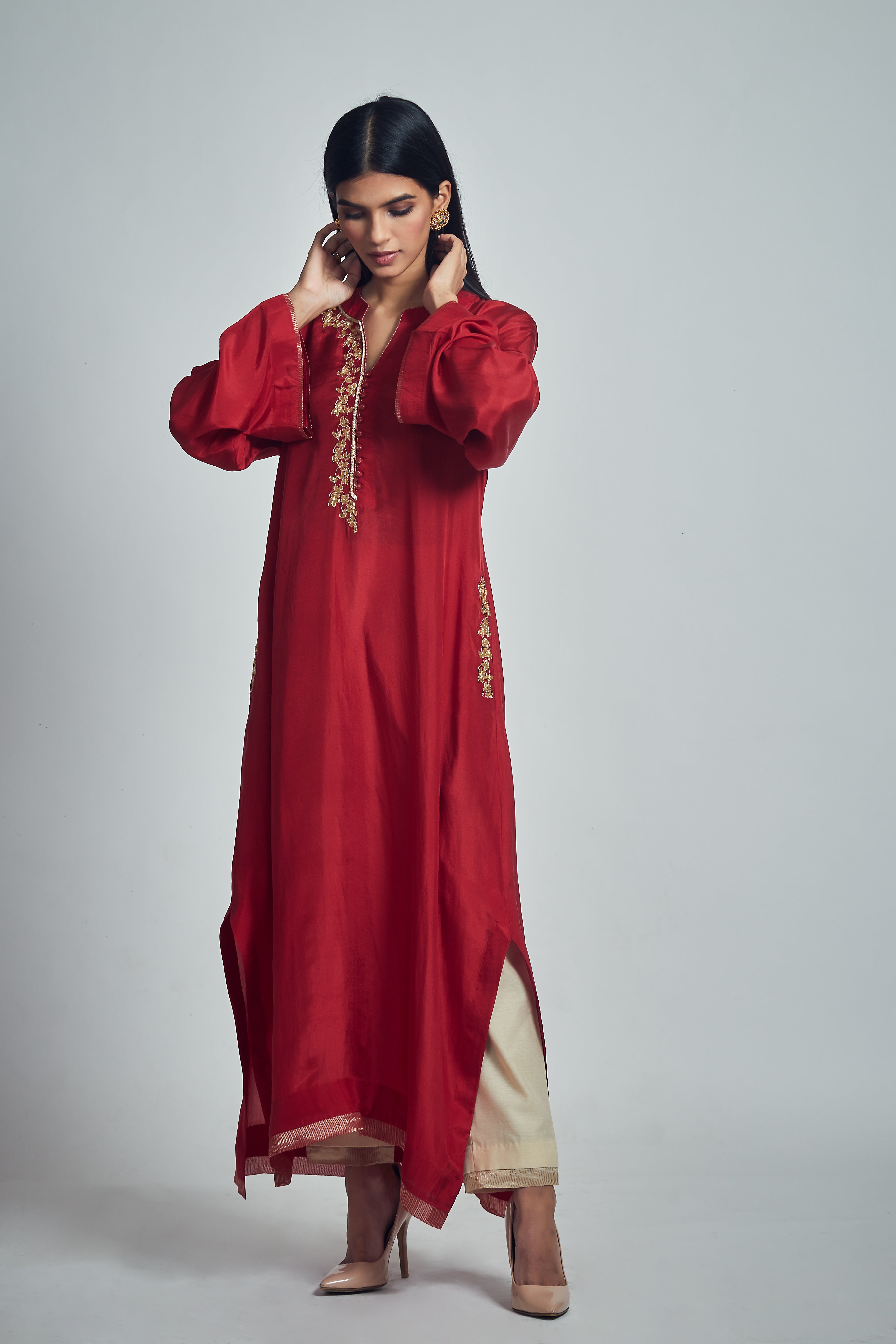 Nyasia- Red Habutai silk Gota patti embroidered Choga