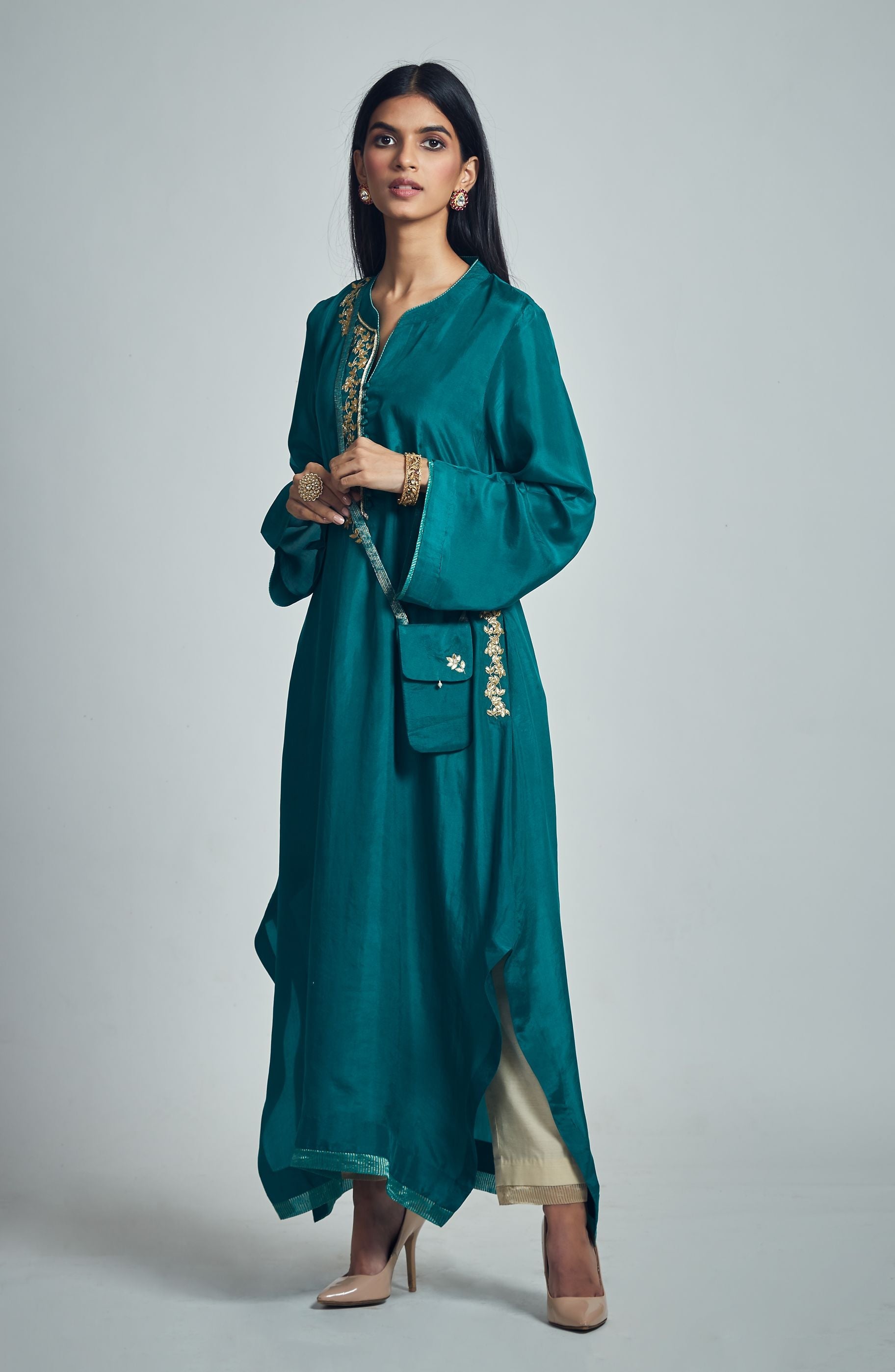 Nyasia- Emerald green Habutai silk Gota Patti embroidered choga