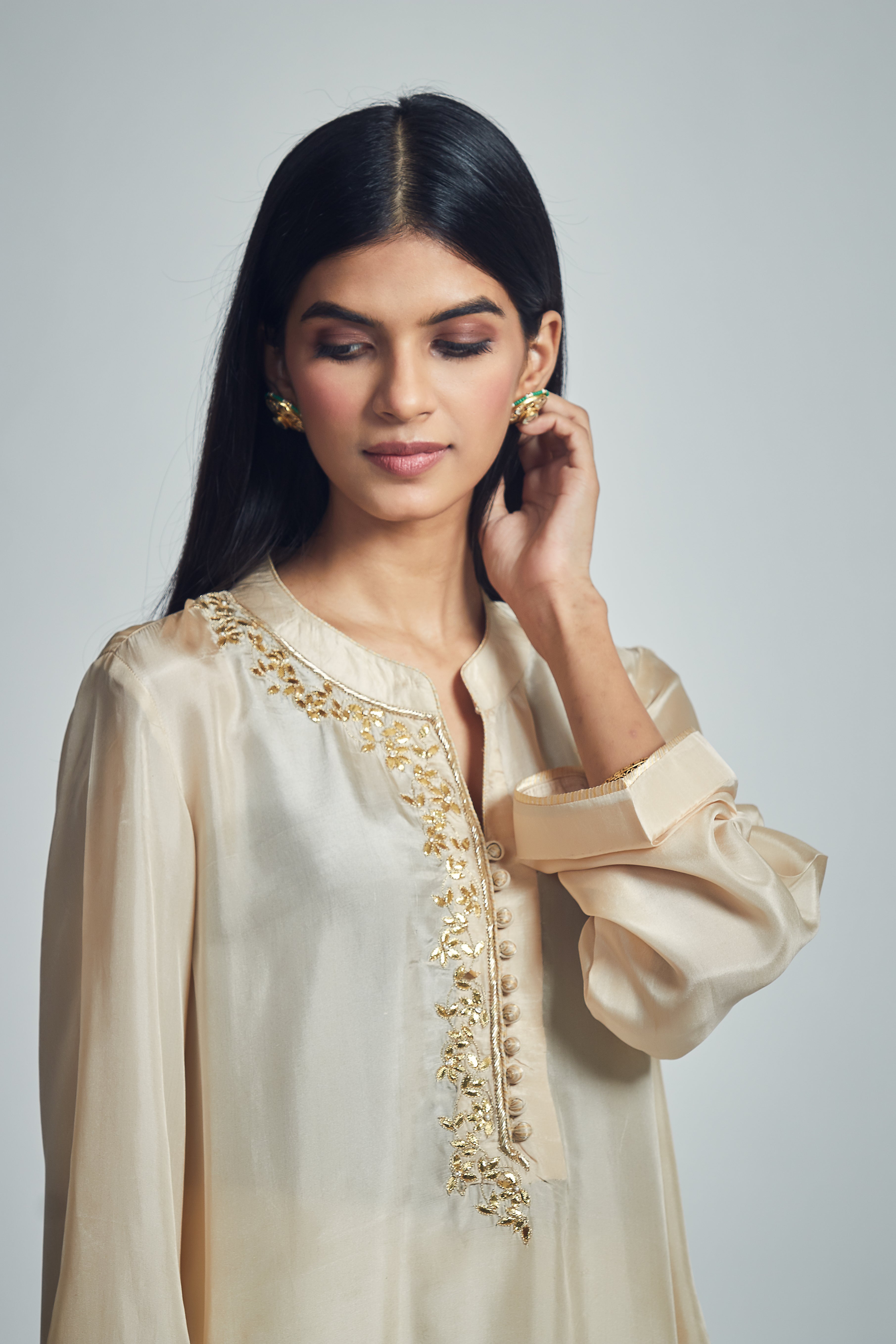 Nyasia- Soft beige Habutai silk Gota patti embroidered choga