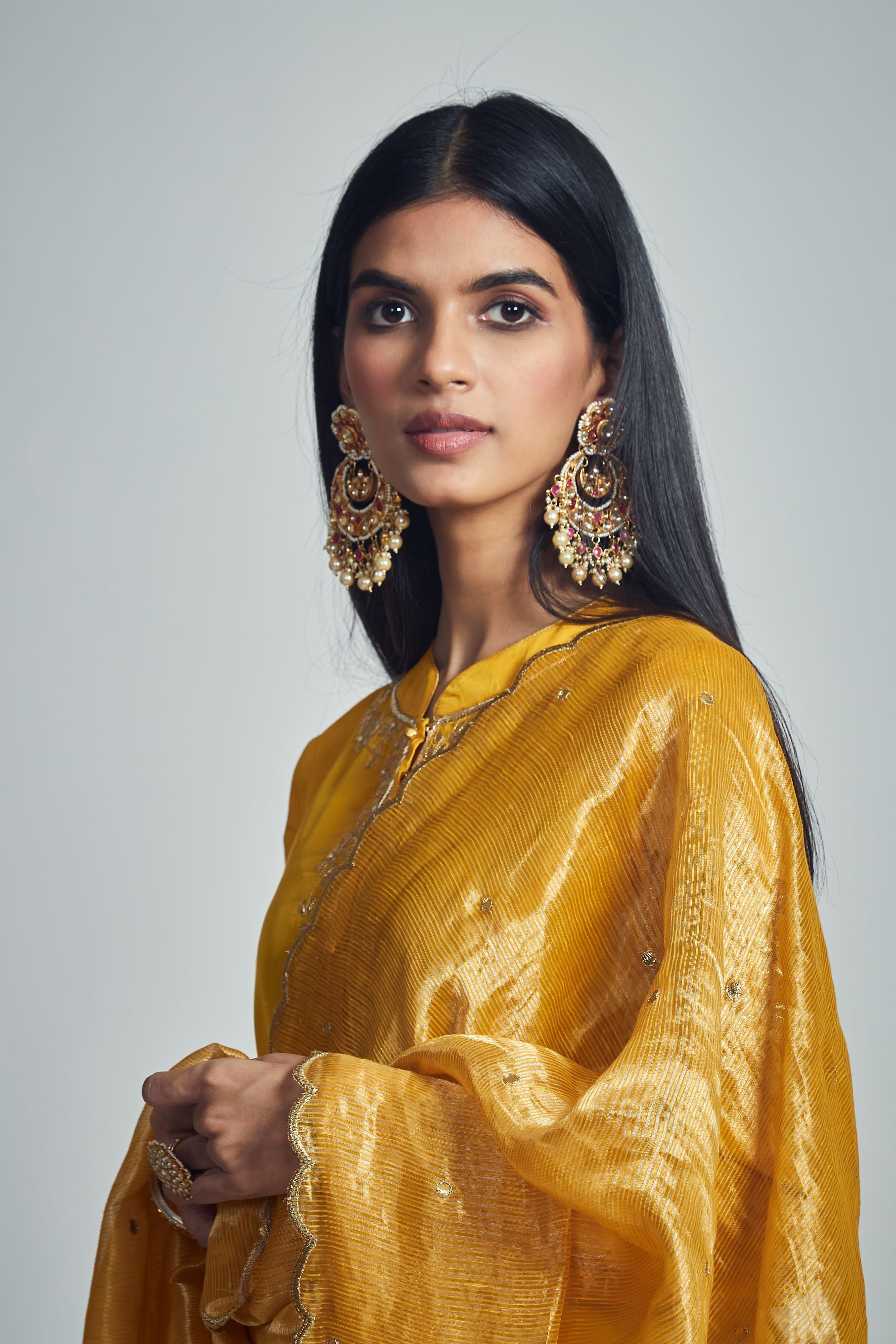 Nazish- Happy mustard Habutai silk Gota patti embroidered kurta with salwar and dupatta