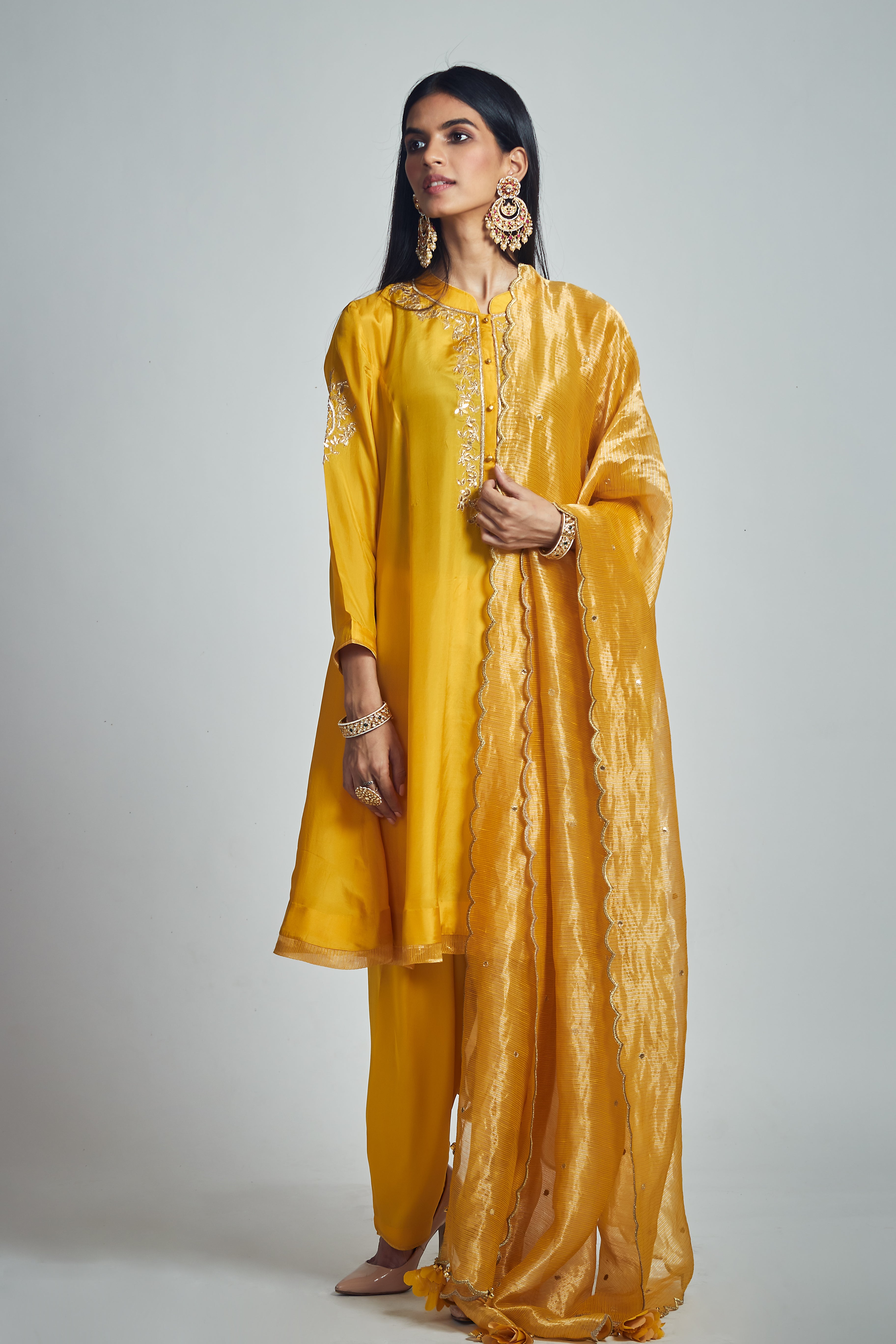 Nazish- Happy mustard Habutai silk Gota patti embroidered kurta with salwar and dupatta