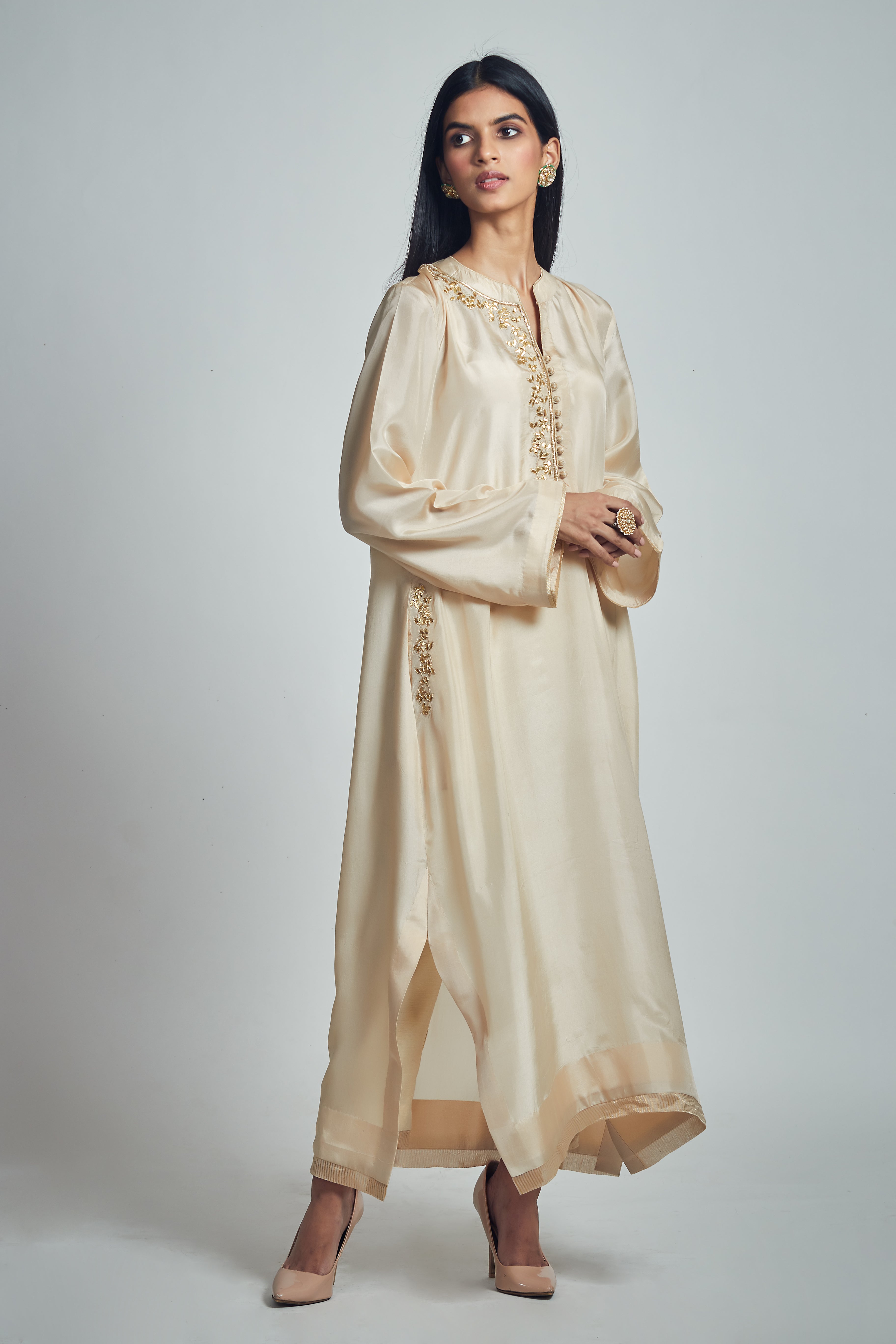 Nyasia- Soft beige Habutai silk Gota patti embroidered choga