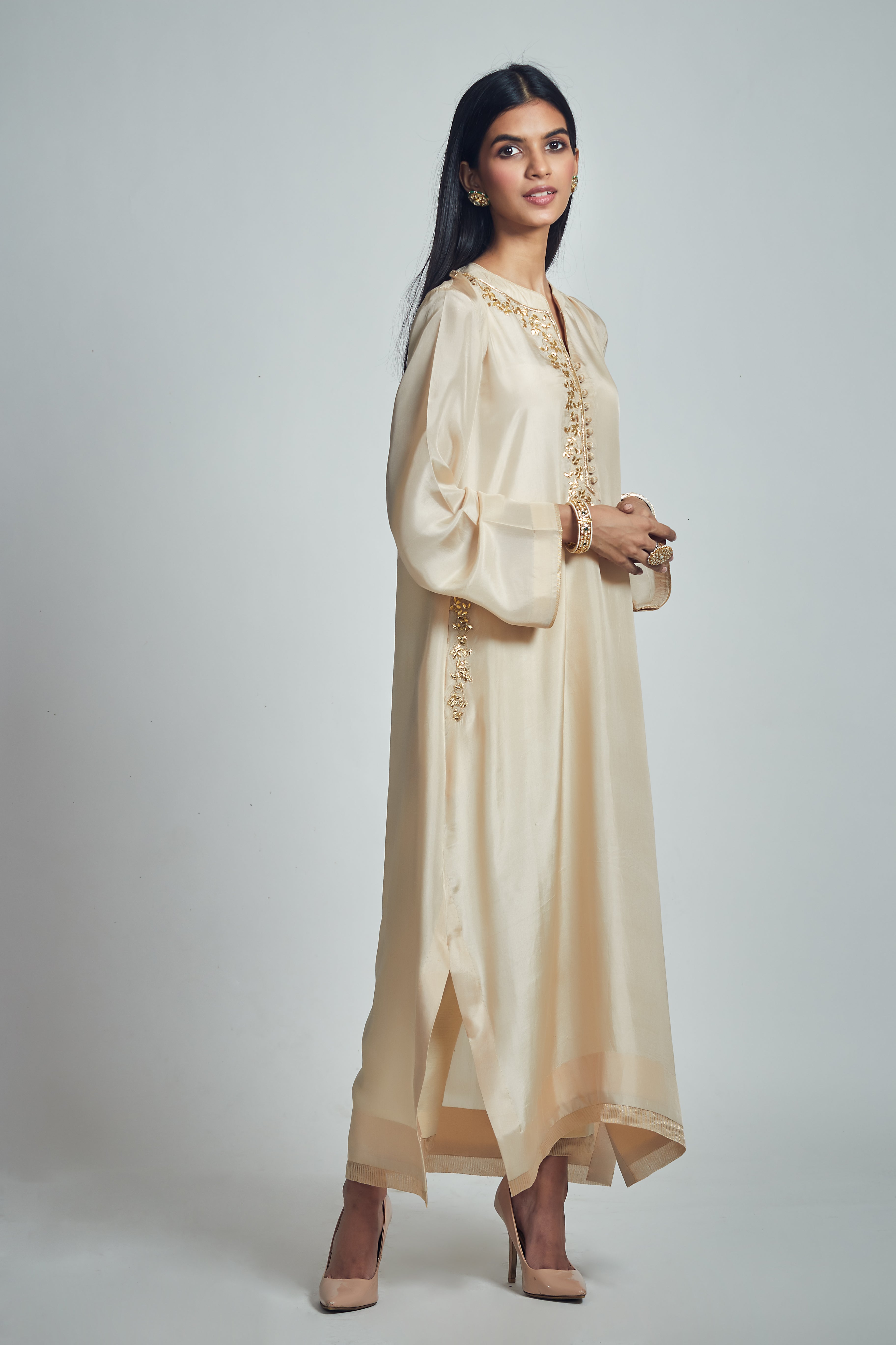 Nyasia- Soft beige Habutai silk Gota patti embroidered choga