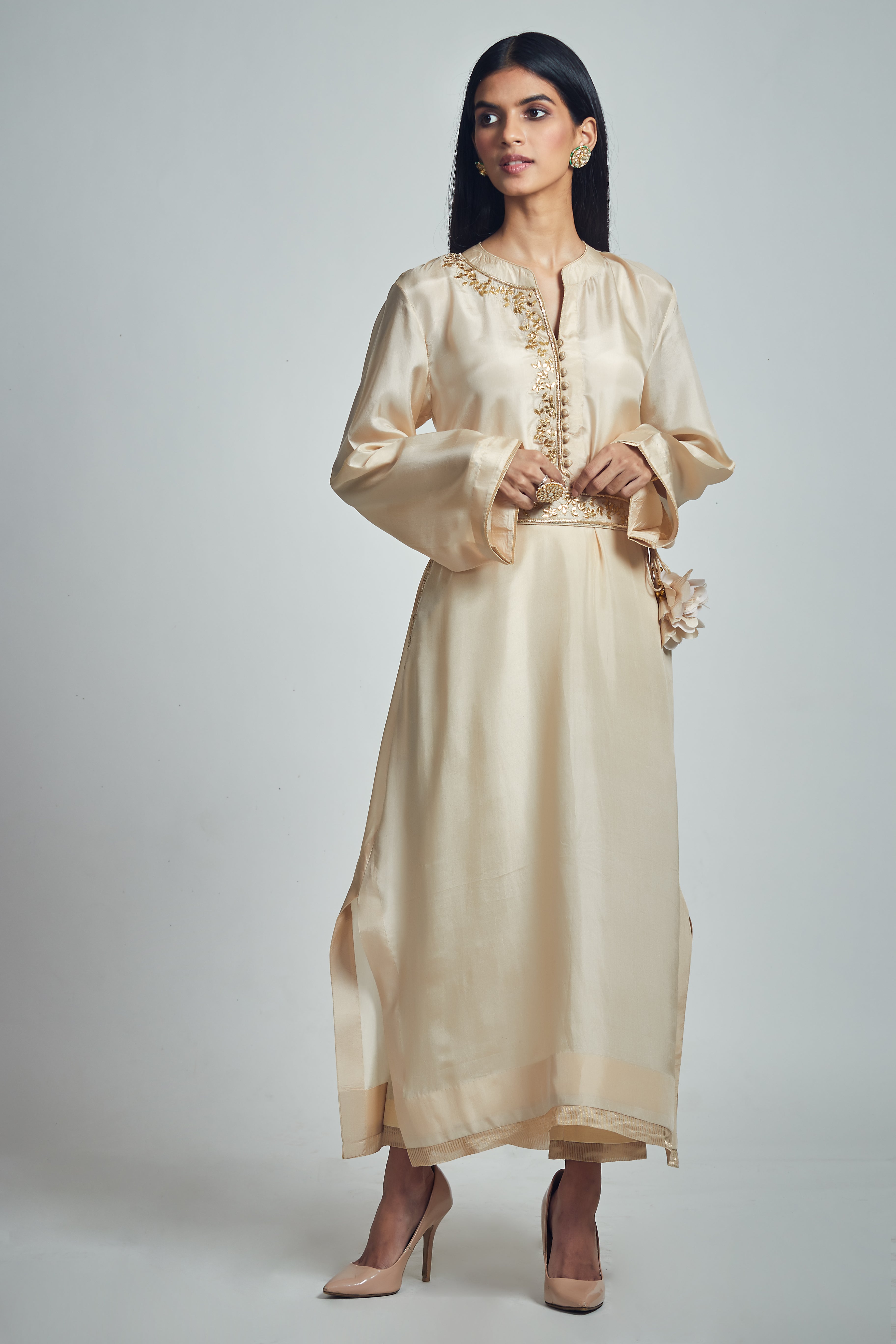 Nyasia- Soft beige Habutai silk Gota patti embroidered choga