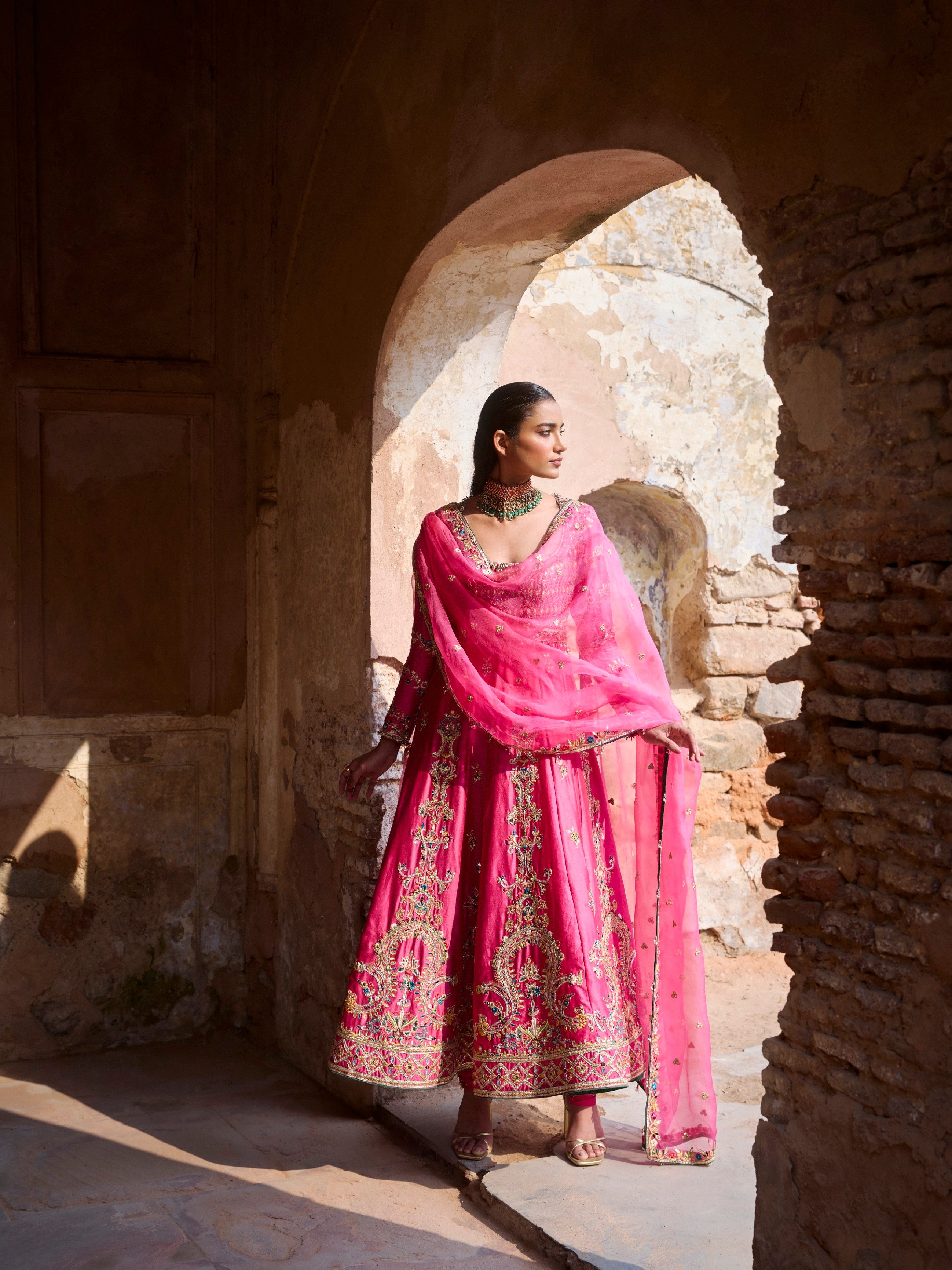 Pink Chanderi Anarkali Set