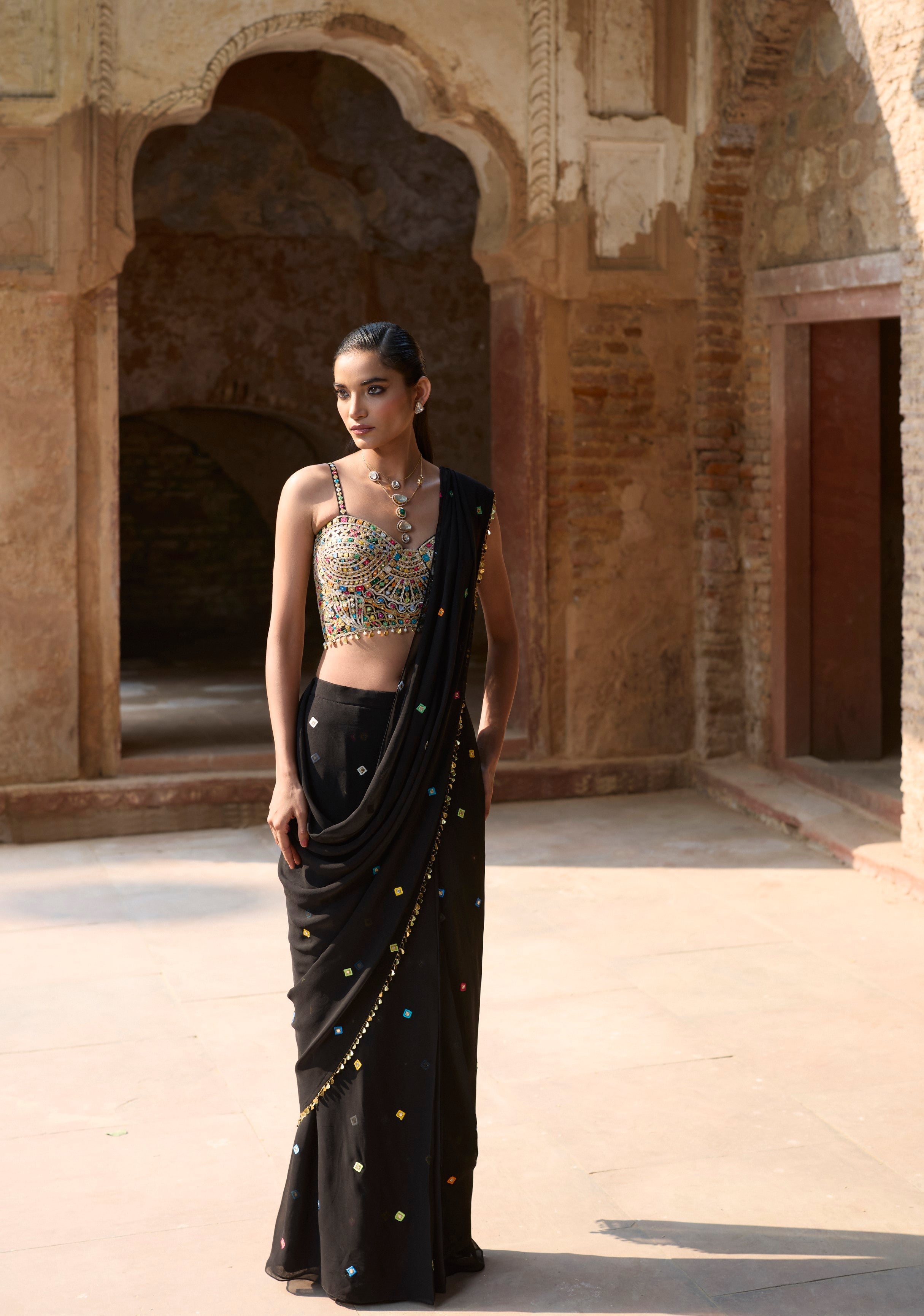 Black Corset Pre Draped Saree Set