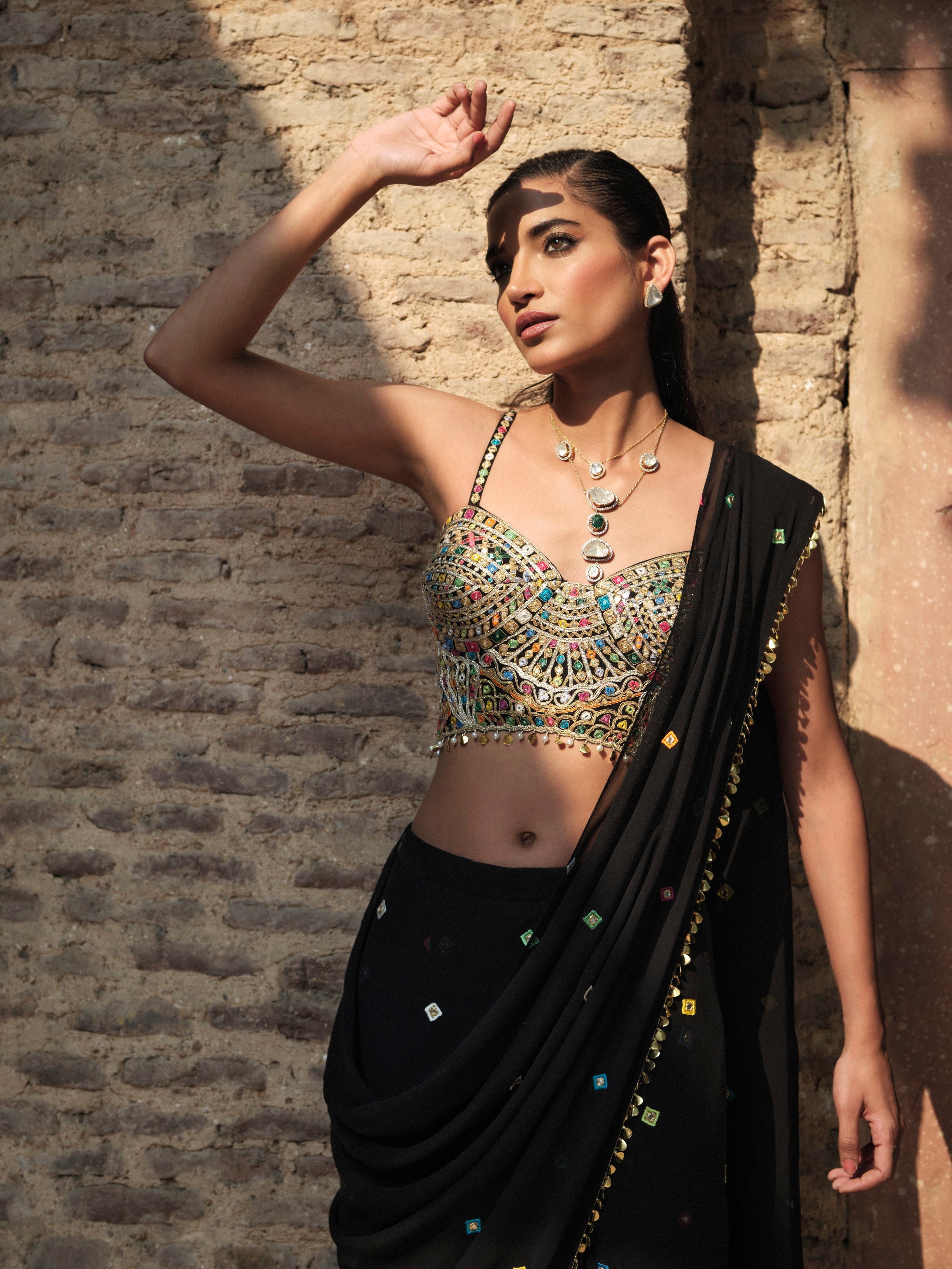 Black Corset Pre Draped Saree Set
