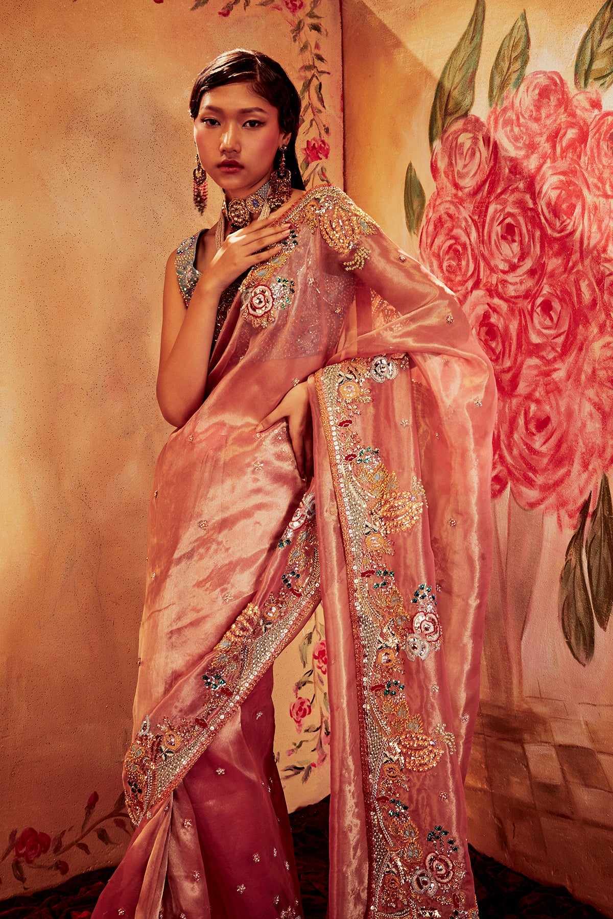 Sienna - Pink Tissue Saree Set