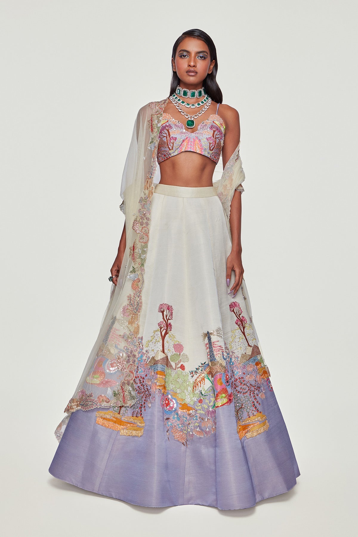 Penelope - Ivory-Lavender Silk Lehenga Set