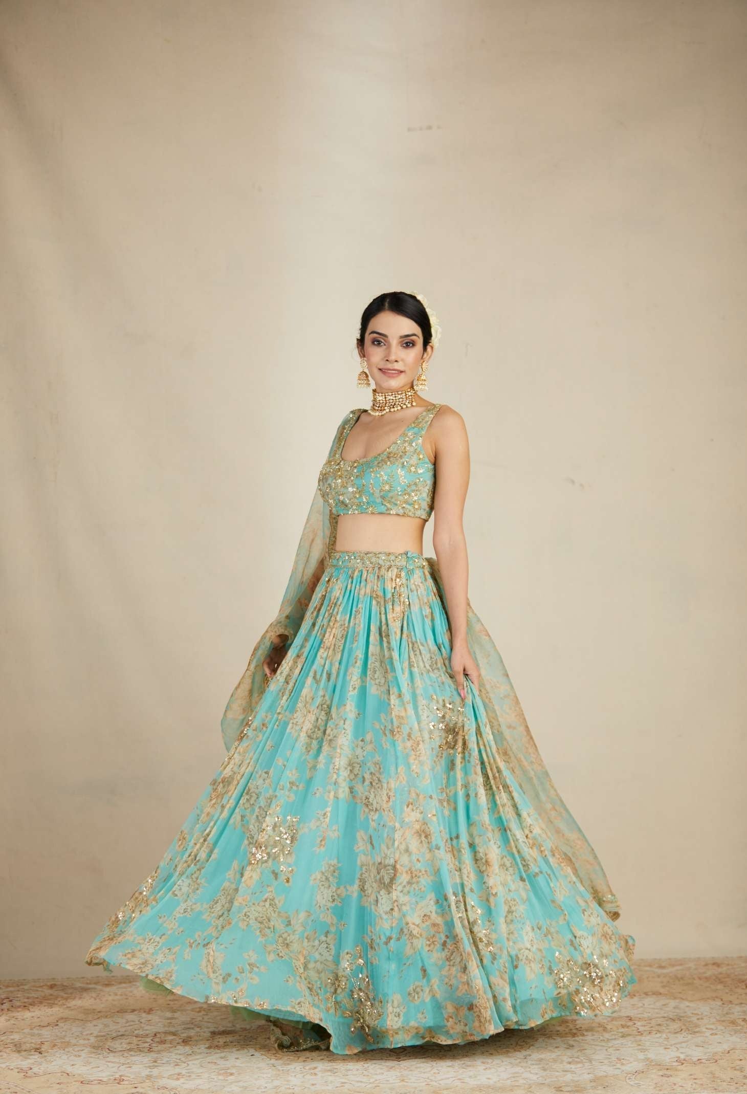 Mint Chiffon Floral Lehenga Set