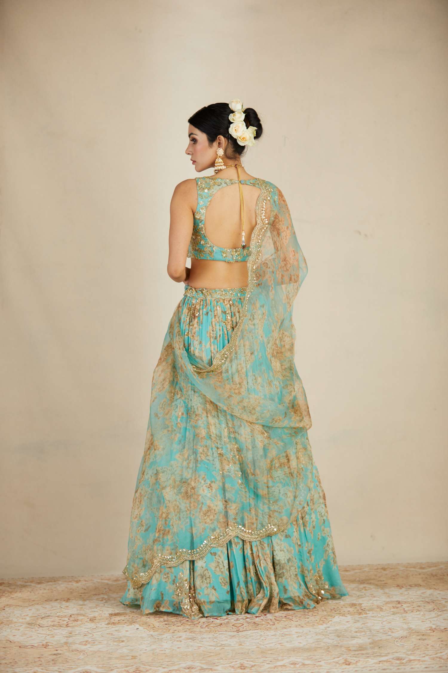 Mint Chiffon Floral Lehenga Set