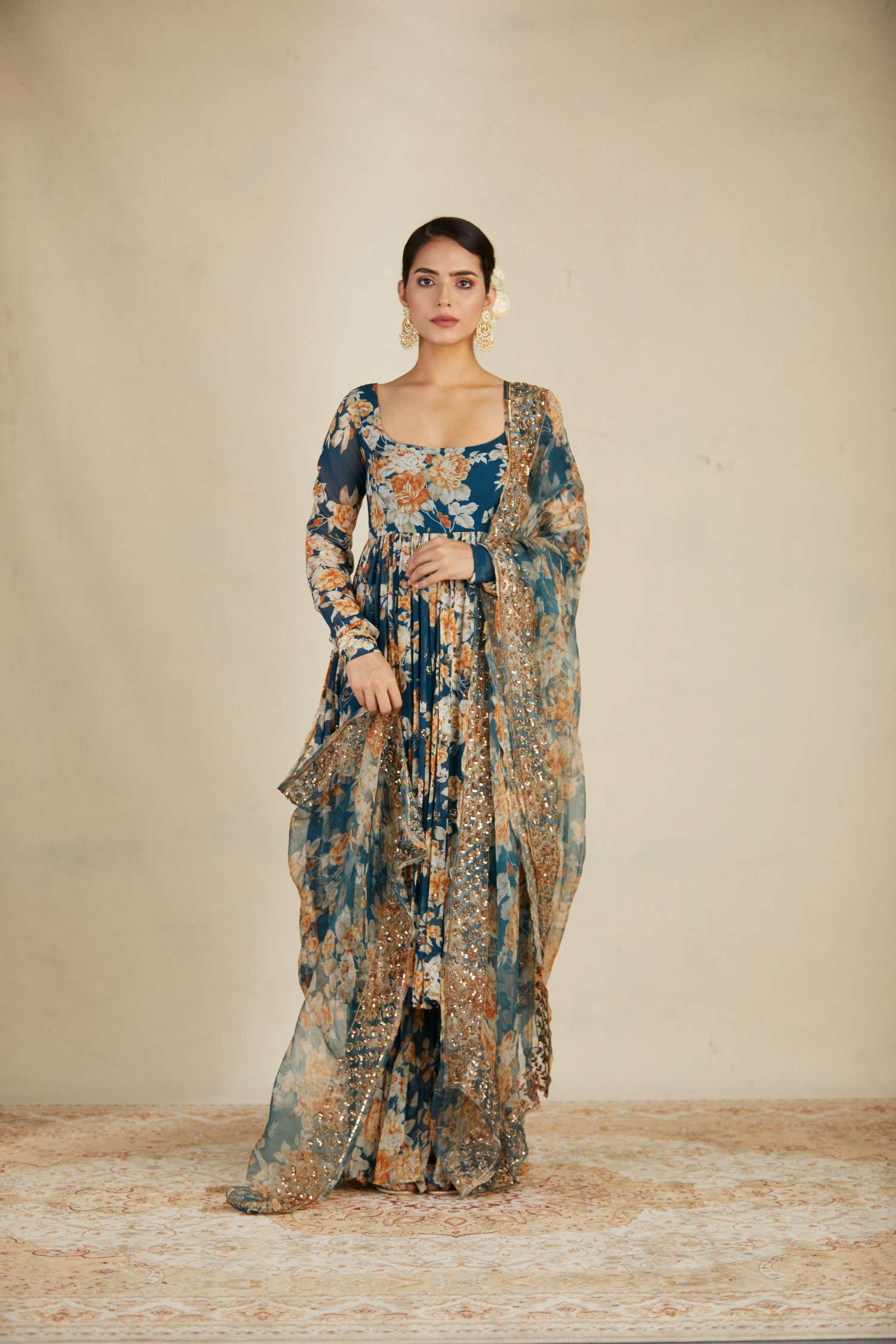 Teal Blue Georgette Floral Anarkali Set