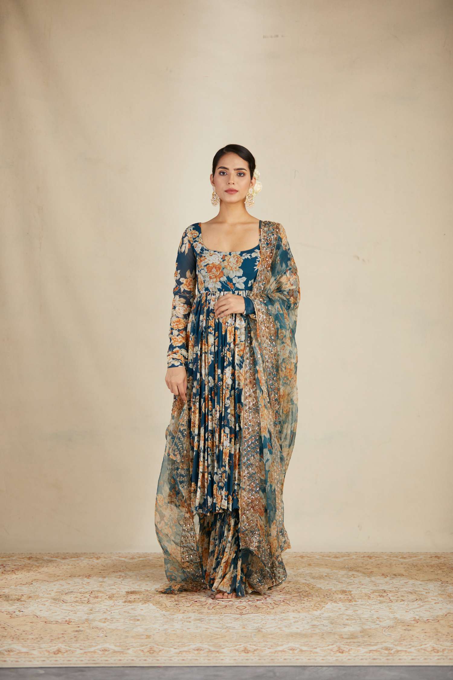 Teal Blue Georgette Floral Anarkali Set