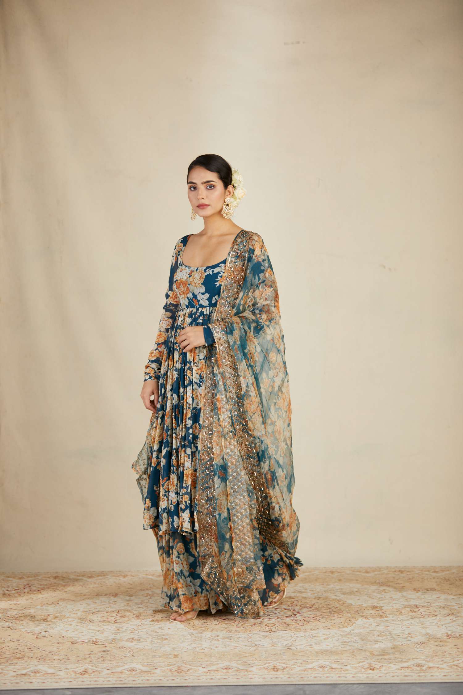 Teal Blue Georgette Floral Anarkali Set