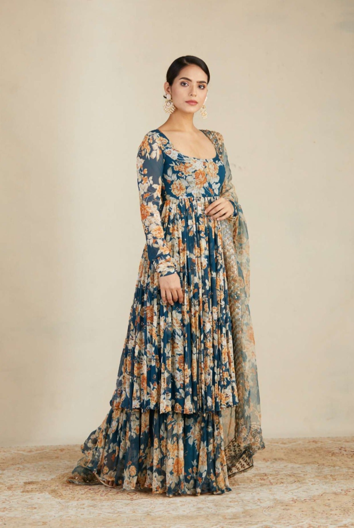 Teal Blue Georgette Floral Anarkali Set