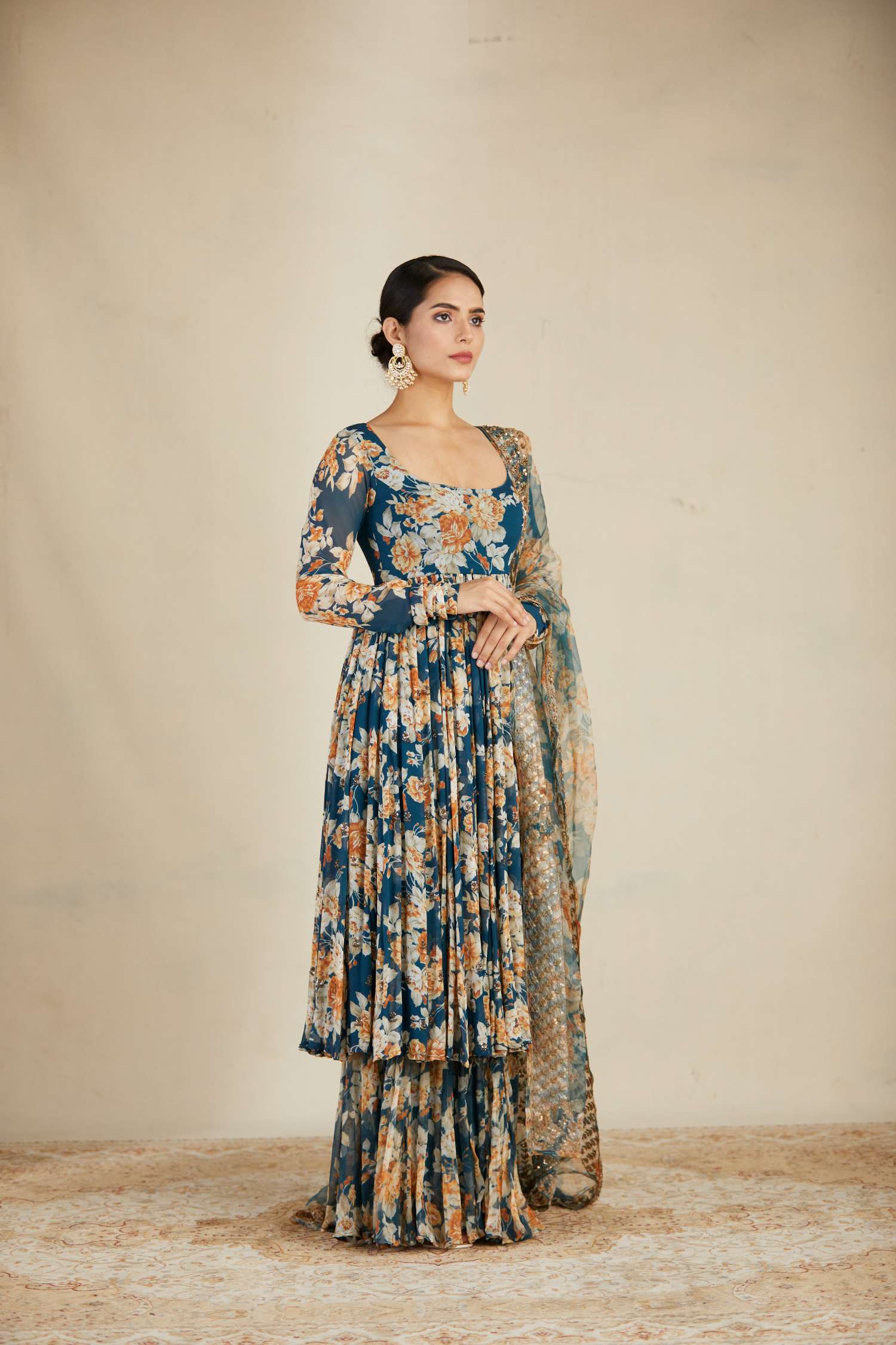 Teal Blue Georgette Floral Anarkali Set
