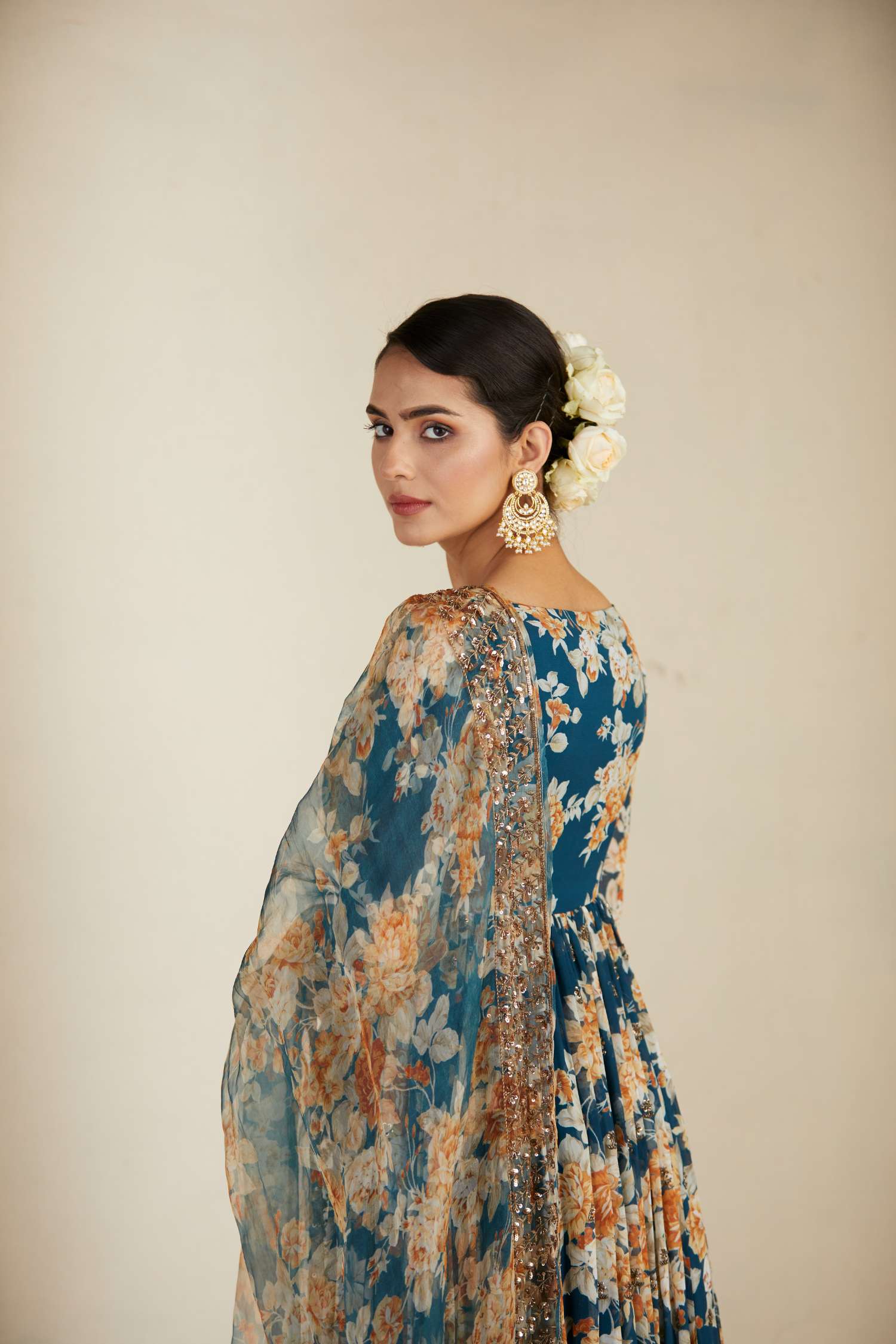 Teal Blue Georgette Floral Anarkali Set
