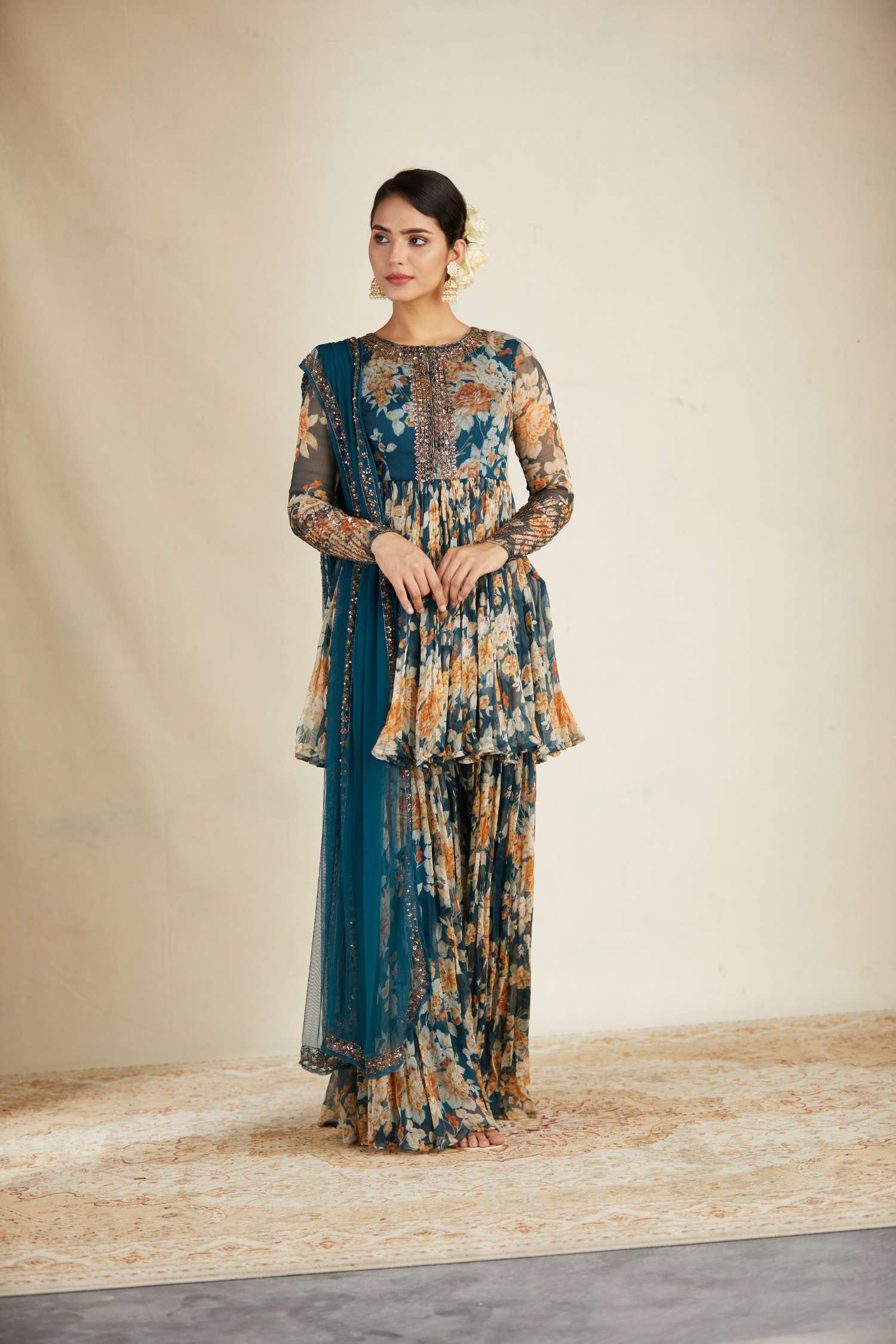 Teal Blue Chiffon Floral Peplum Set