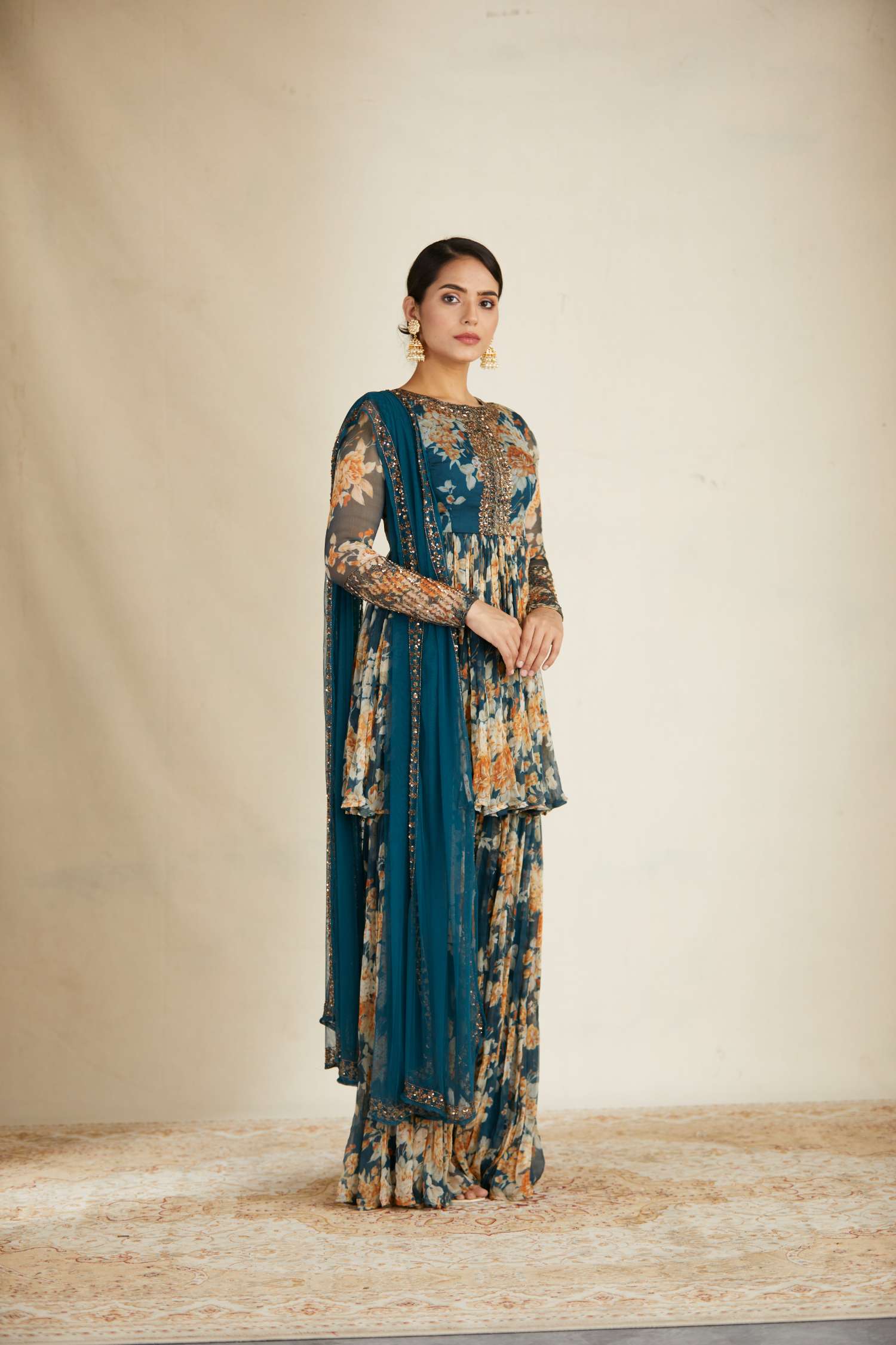 Teal Blue Chiffon Floral Peplum Set