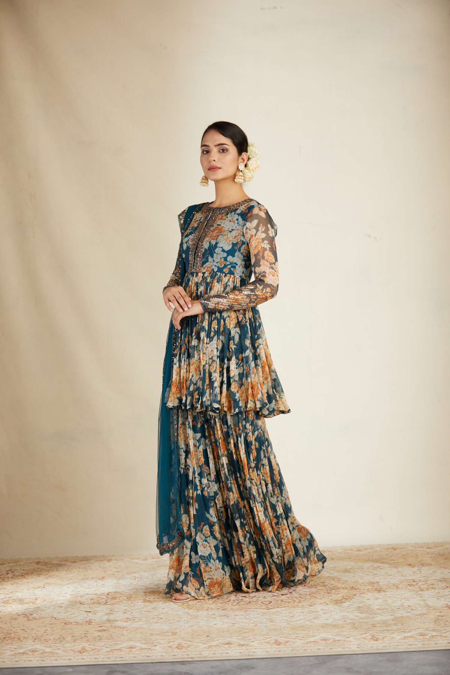 Teal Blue Chiffon Floral Peplum Set