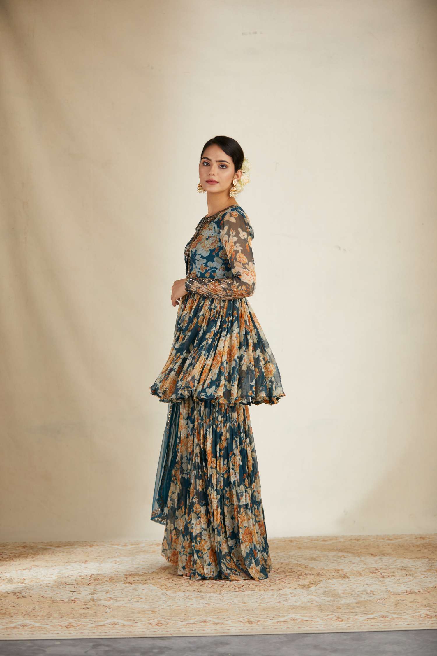 Teal Blue Chiffon Floral Peplum Set