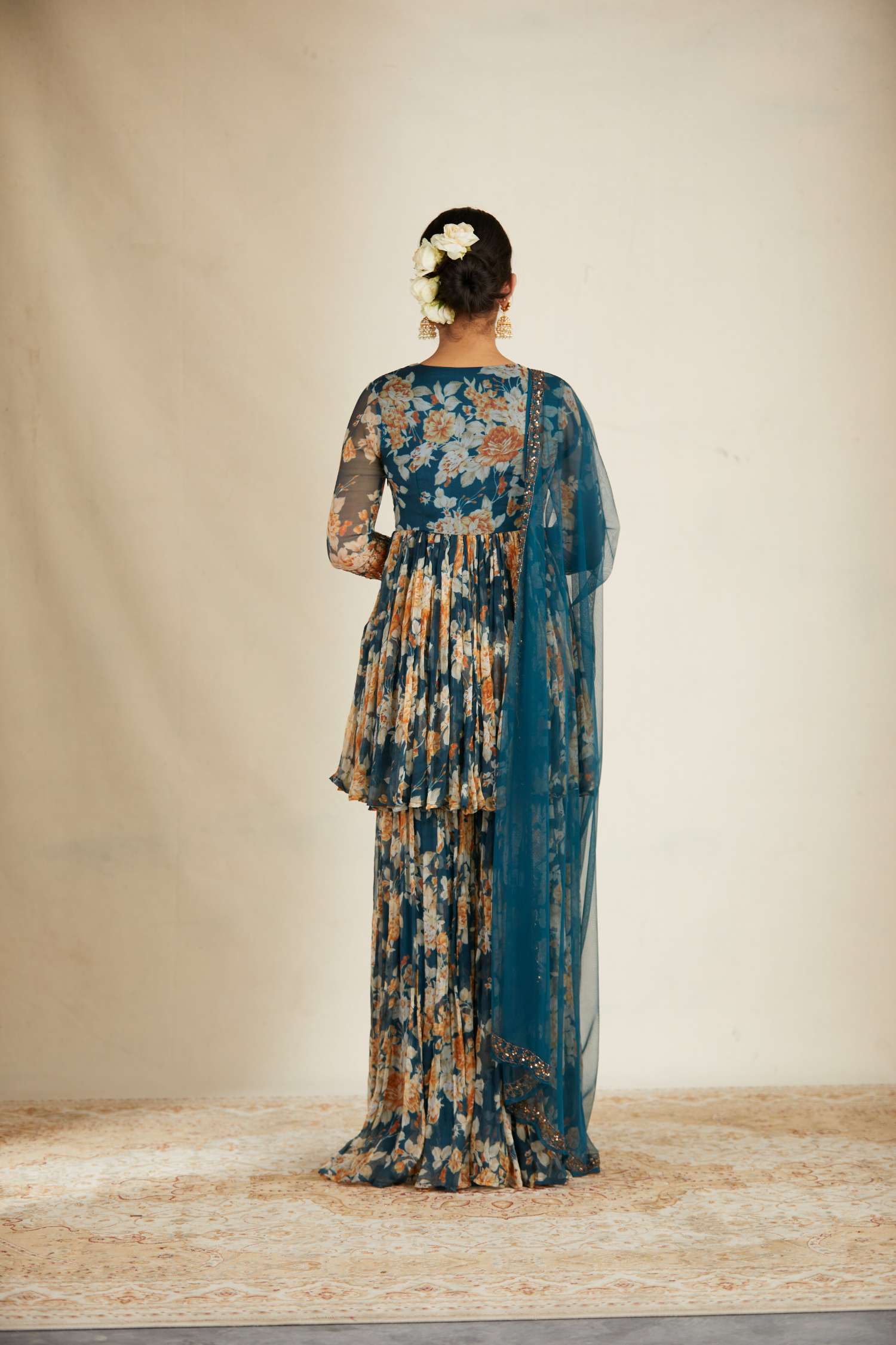 Teal Blue Chiffon Floral Peplum Set