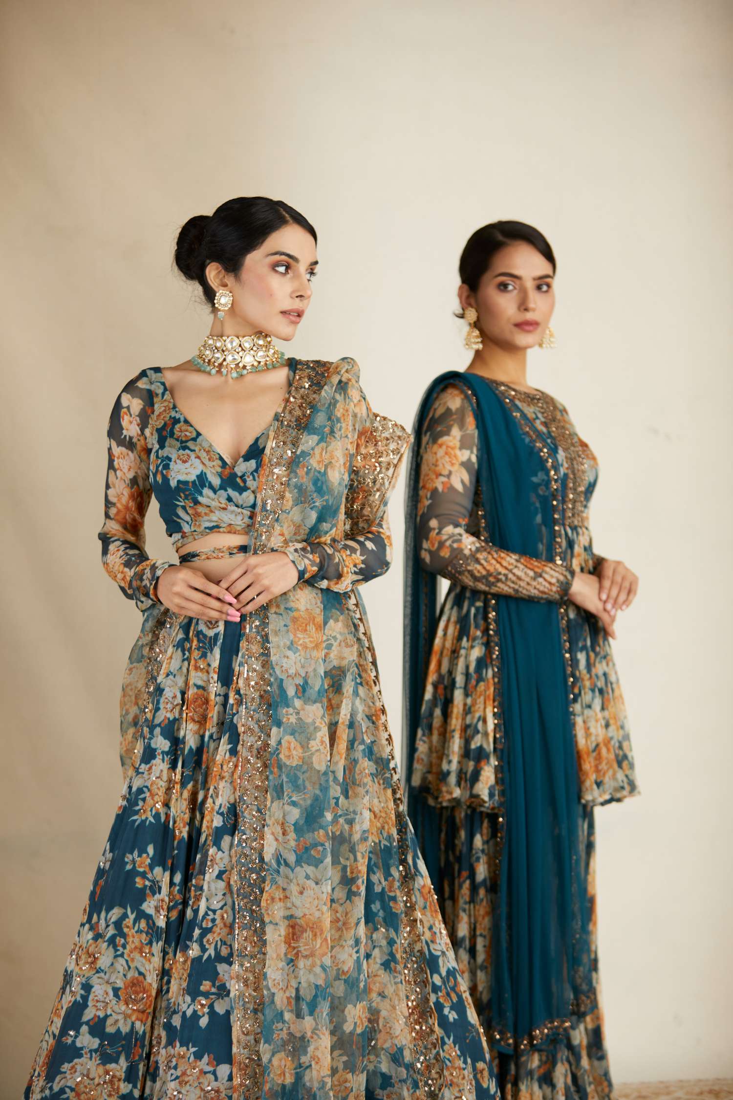 Teal Blue Chiffon Floral Lehenga Set