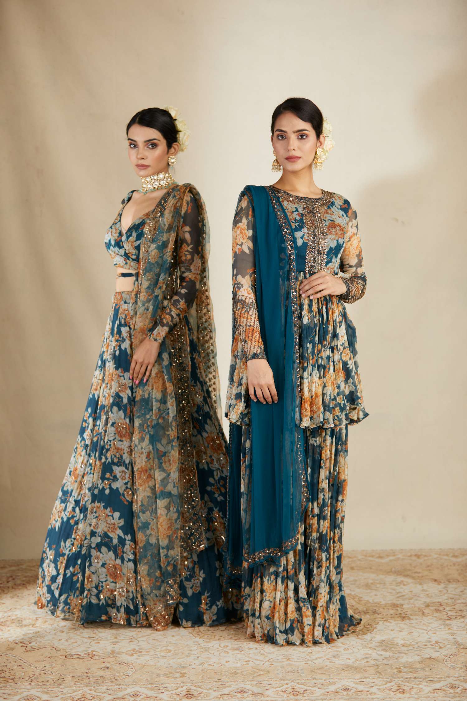 Teal Blue Chiffon Floral Peplum Set