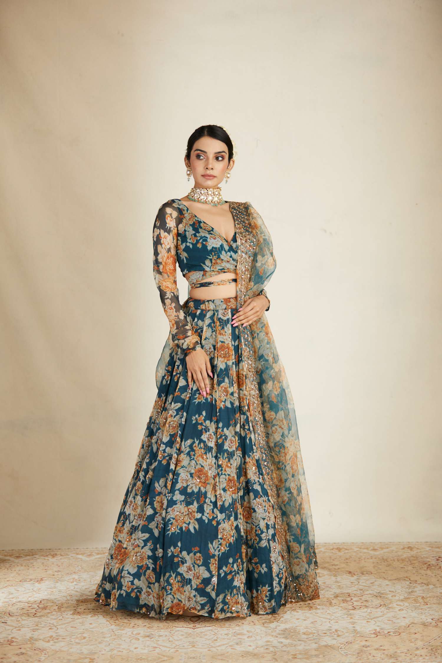 Teal Blue Chiffon Floral Lehenga Set