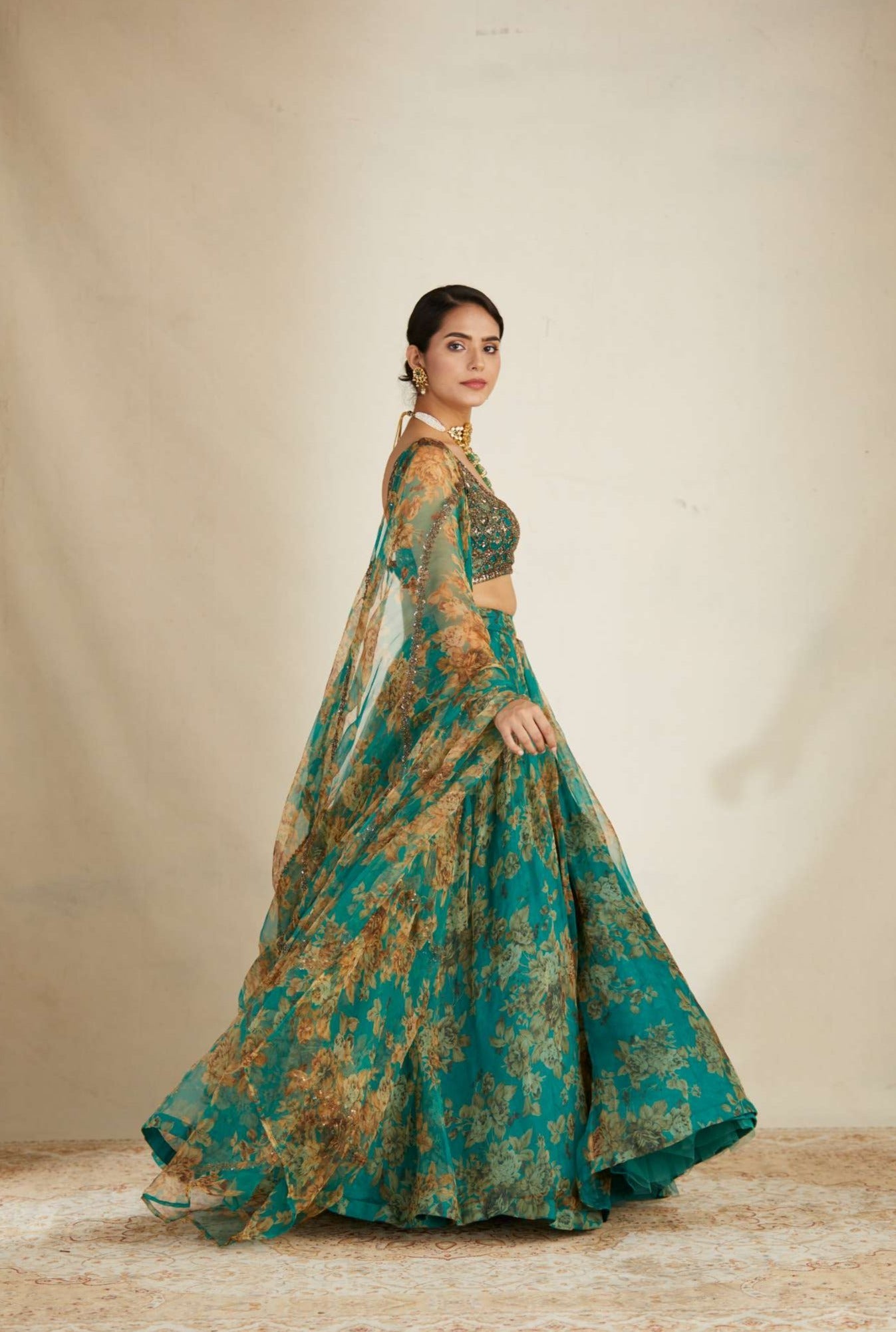 Teal Green Floral Lehenga Set