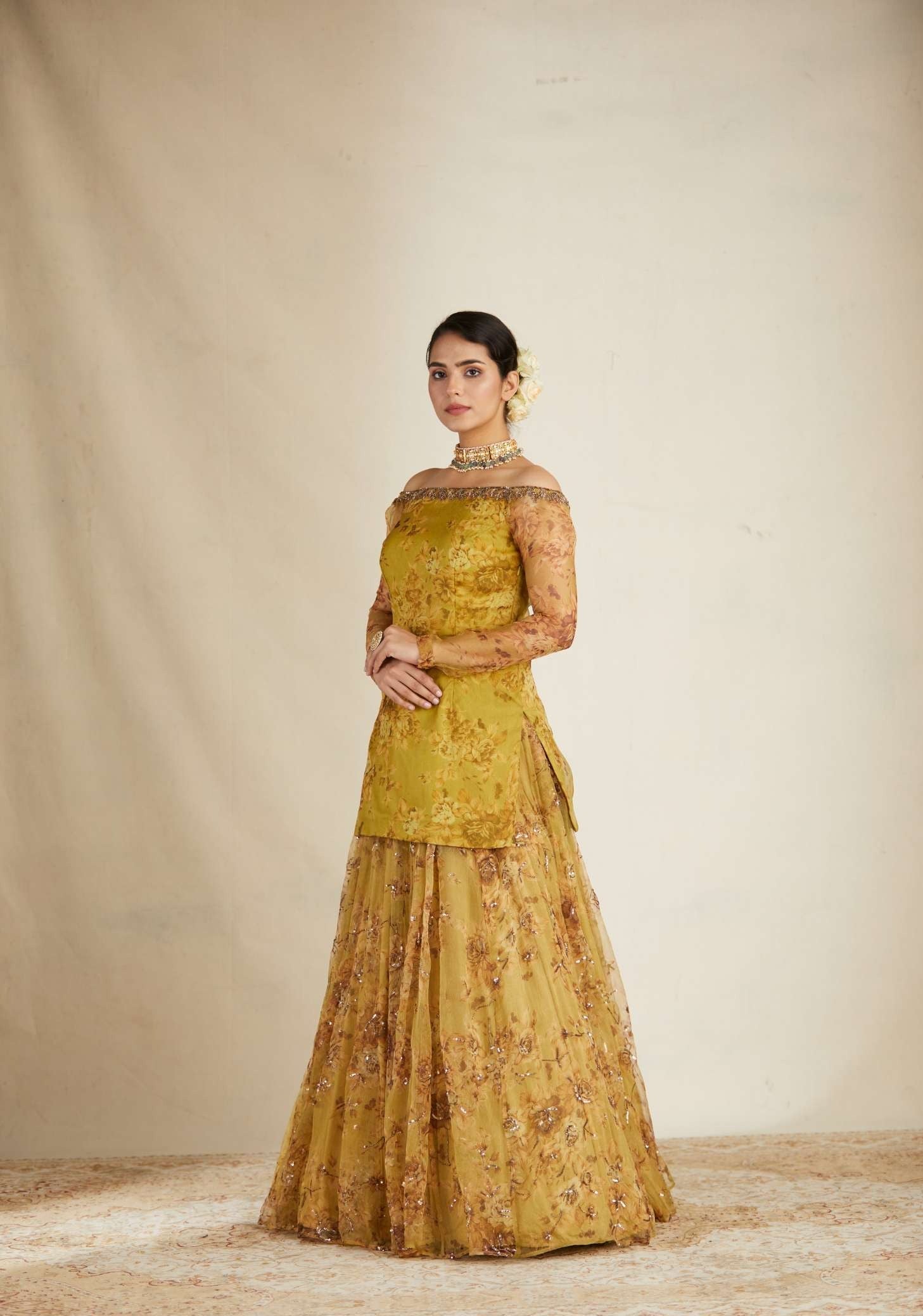 Mustard Floral Off Shoulder Kurti Skirt