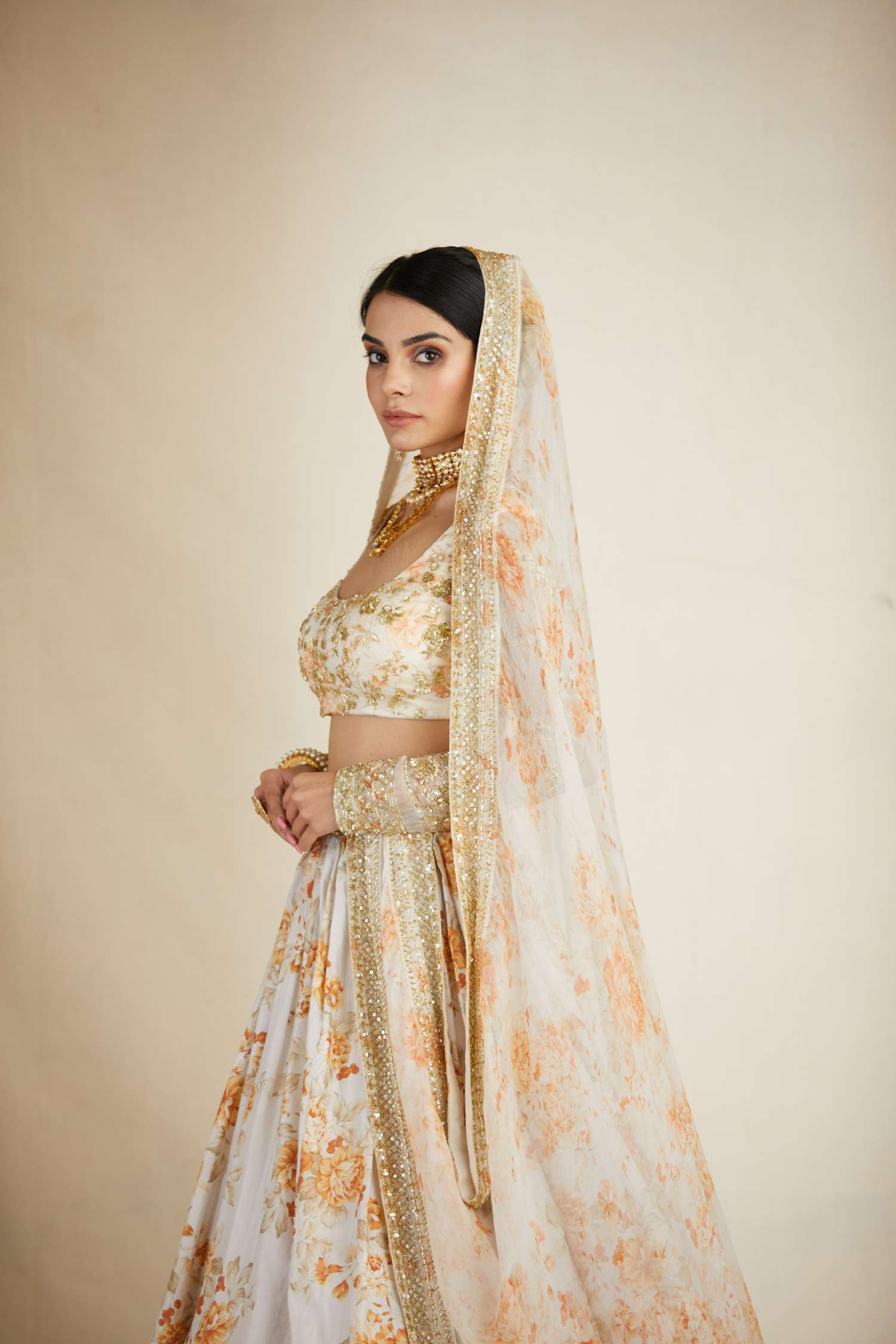 Off White Silk Floral Lehenga Set