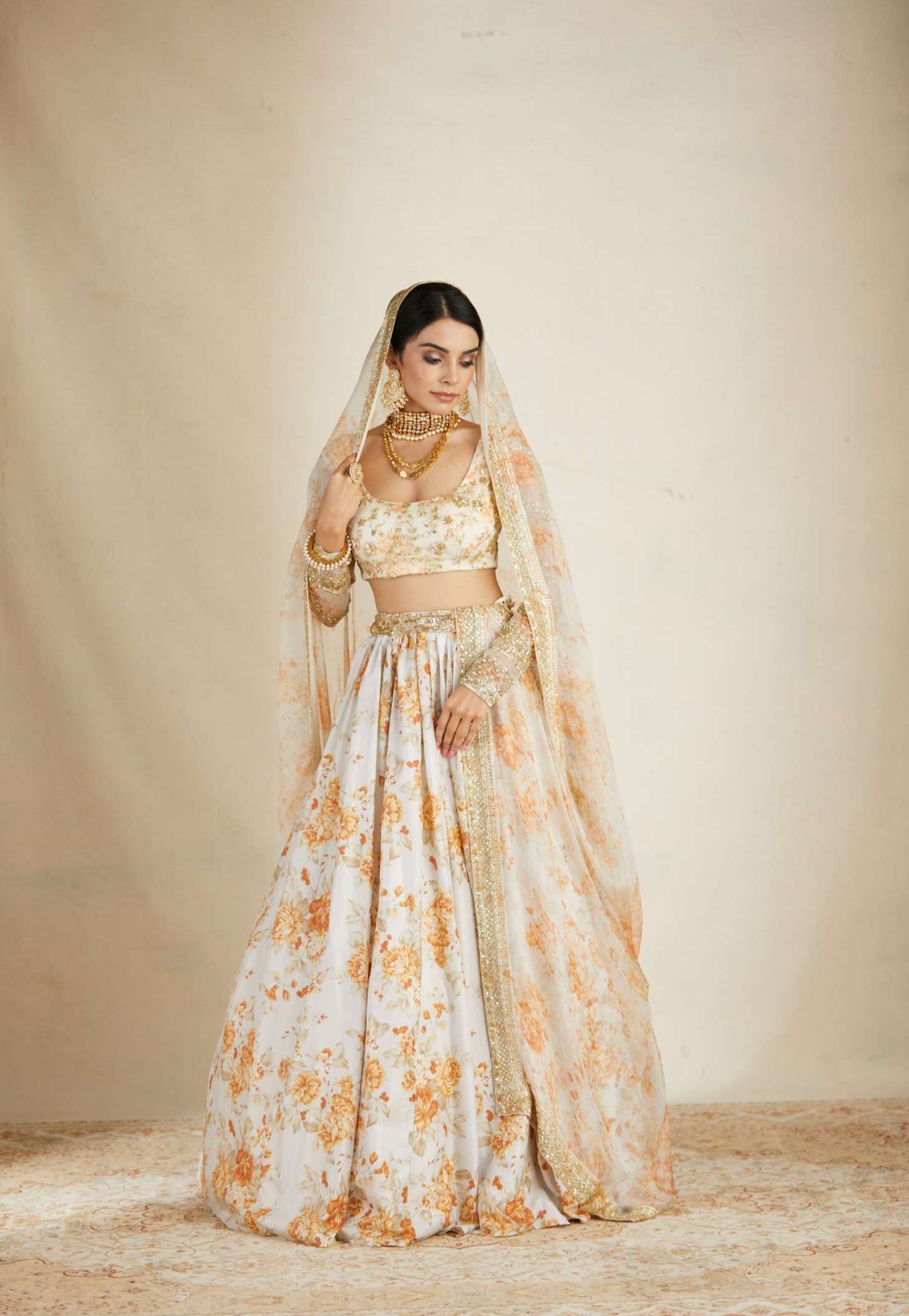 Off White Silk Floral Lehenga Set