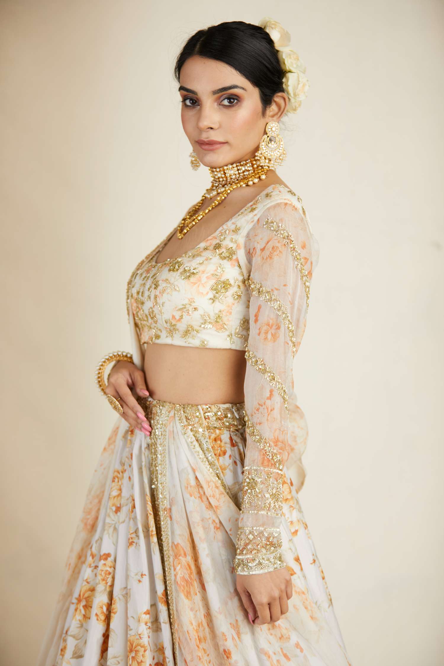 Off White Silk Floral Lehenga Set