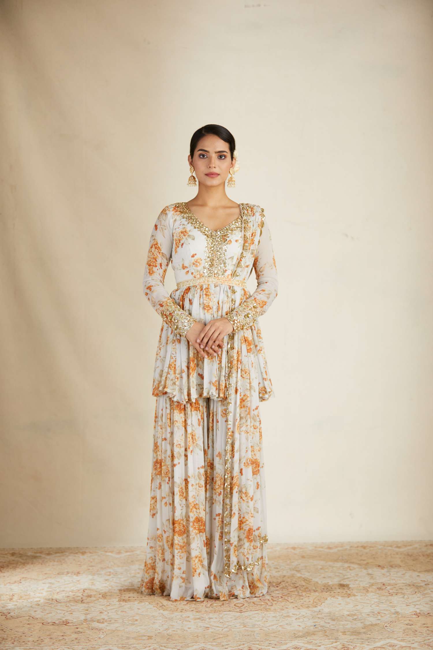 Off White Floral Peplum Set