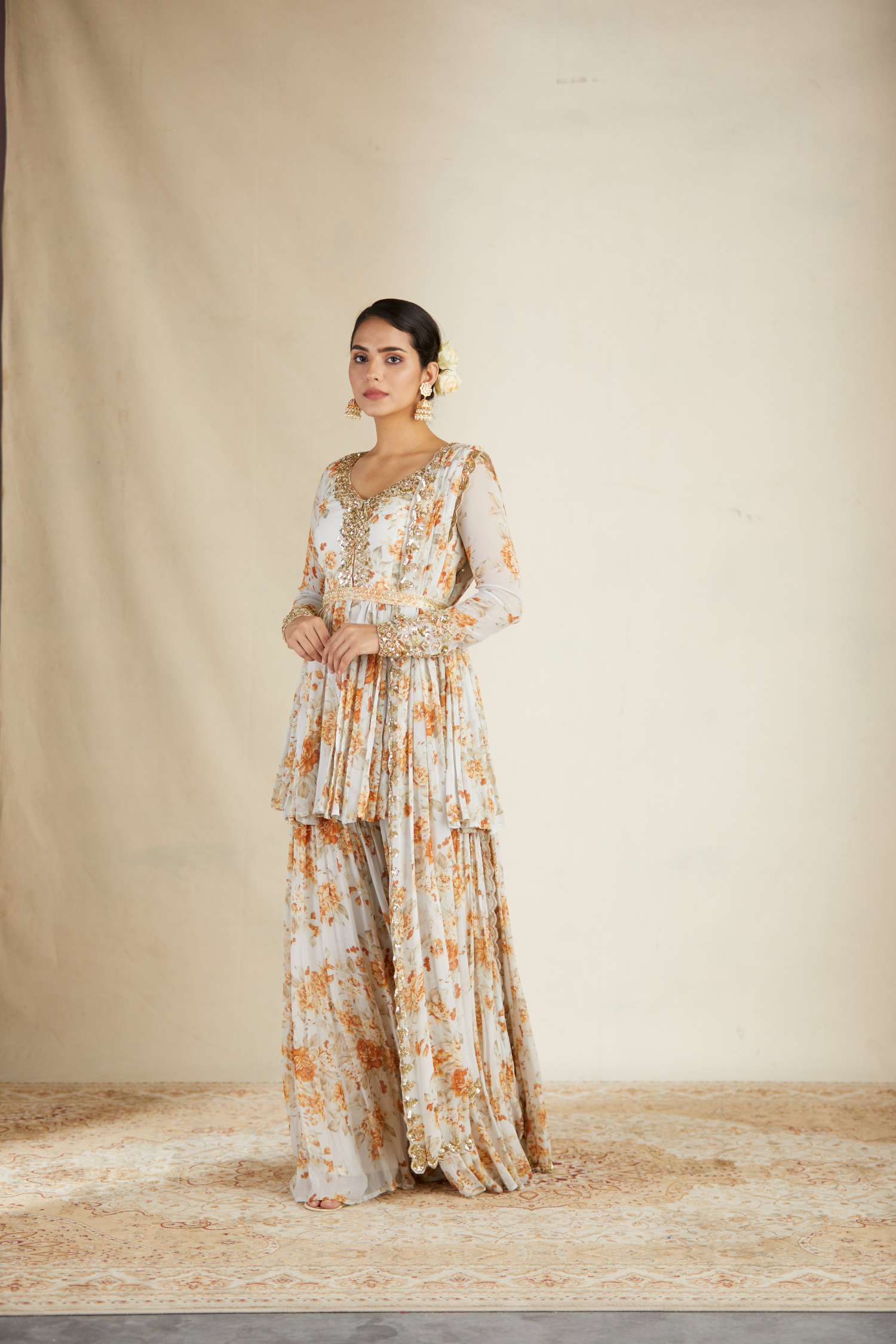 Off White Floral Peplum Set