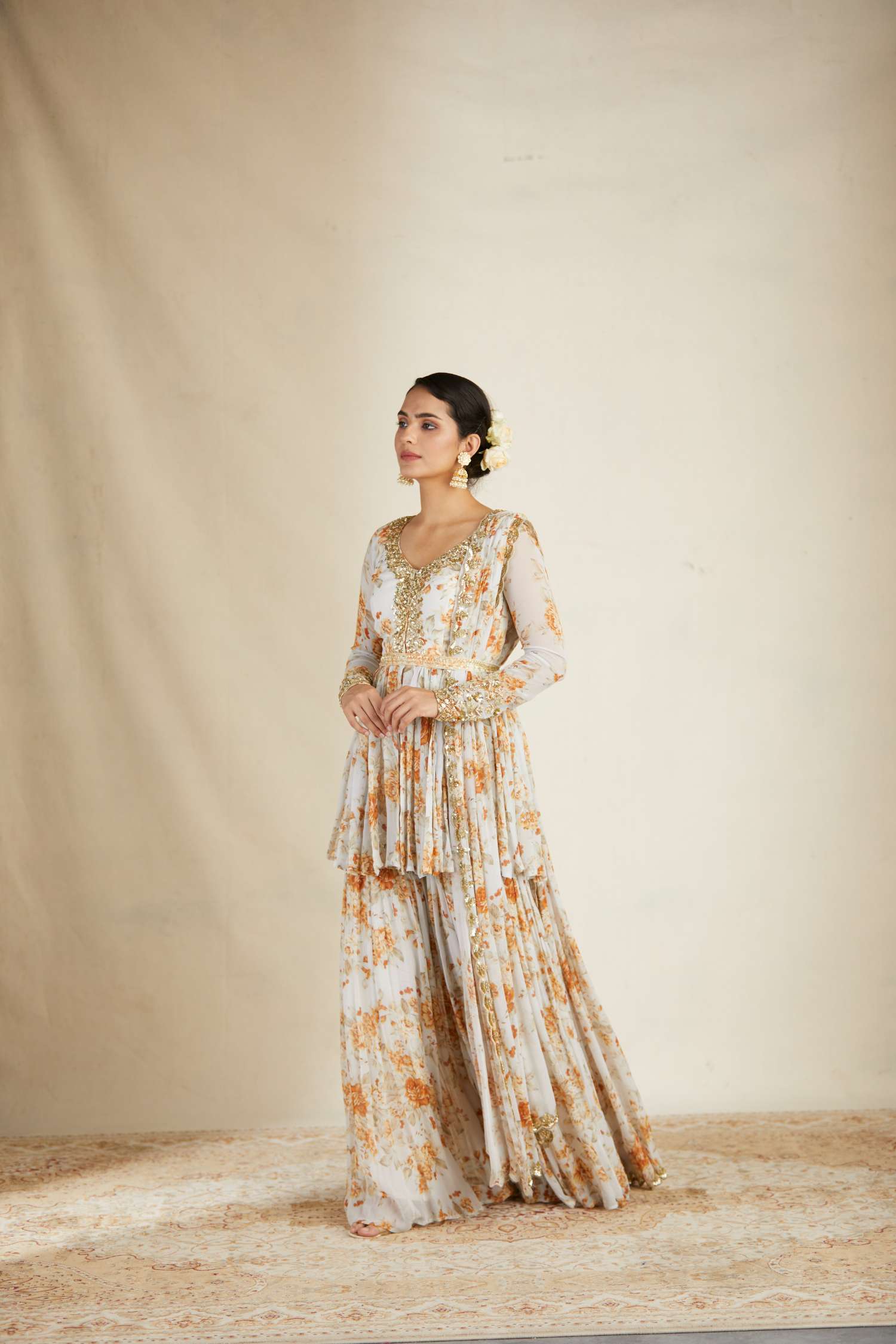 Off White Floral Peplum Set