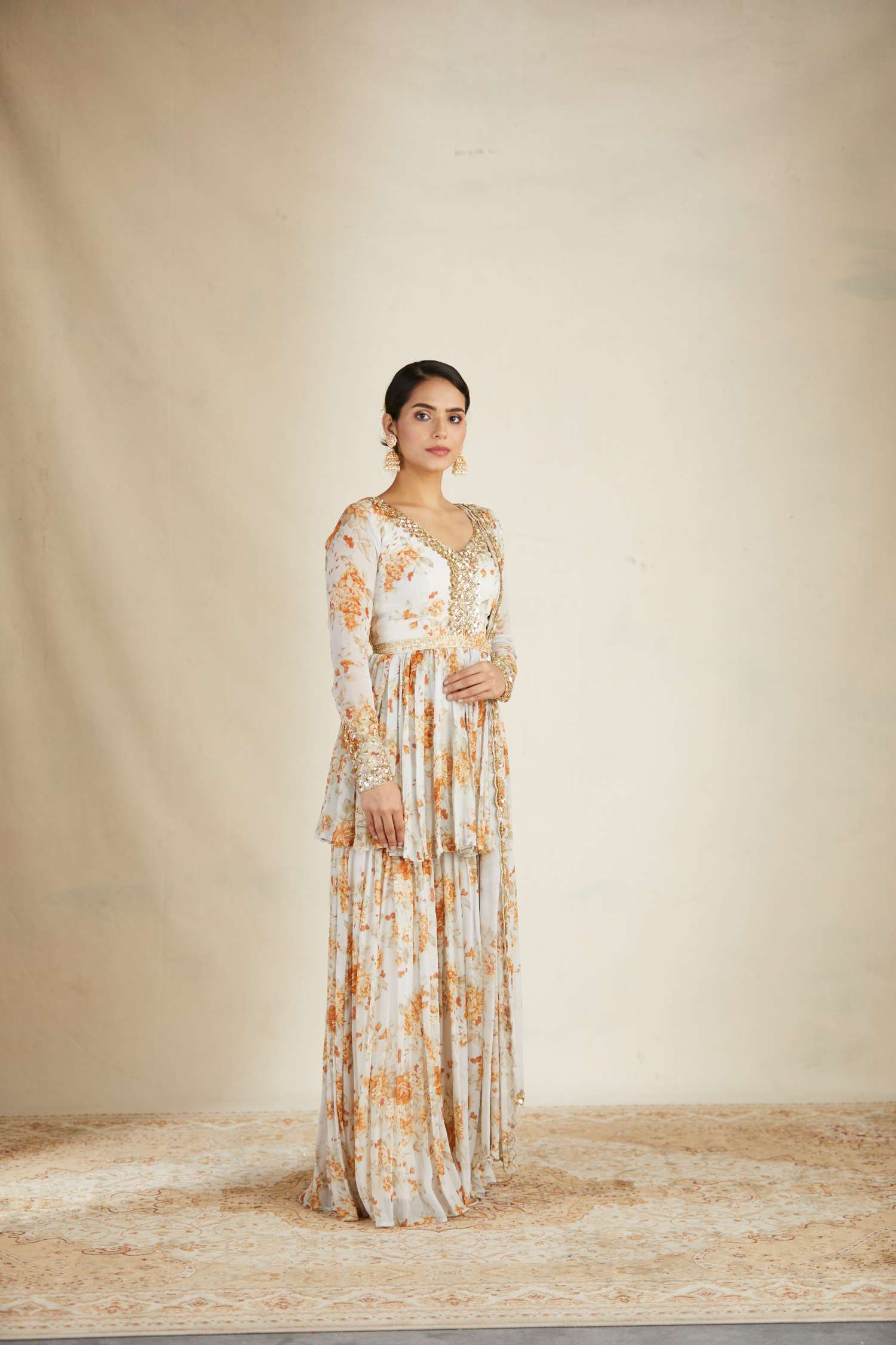 Off White Floral Peplum Set