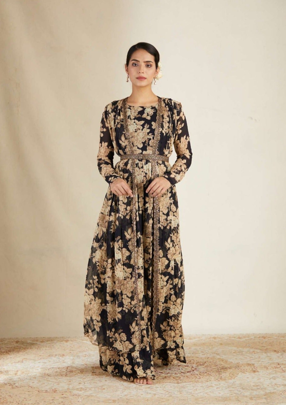 Black Floral Jumpsuit With Cape Set
