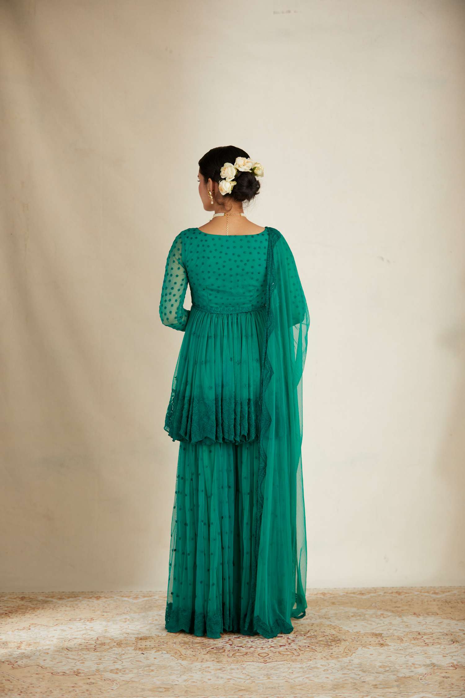 Teal Green Peplum With Thread Work Sharara Set