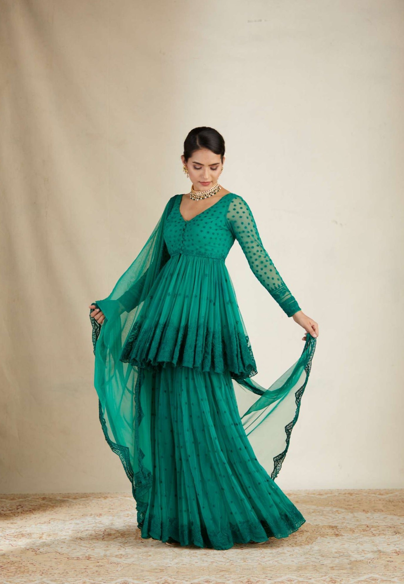Teal Green Peplum With Thread Work Sharara Set