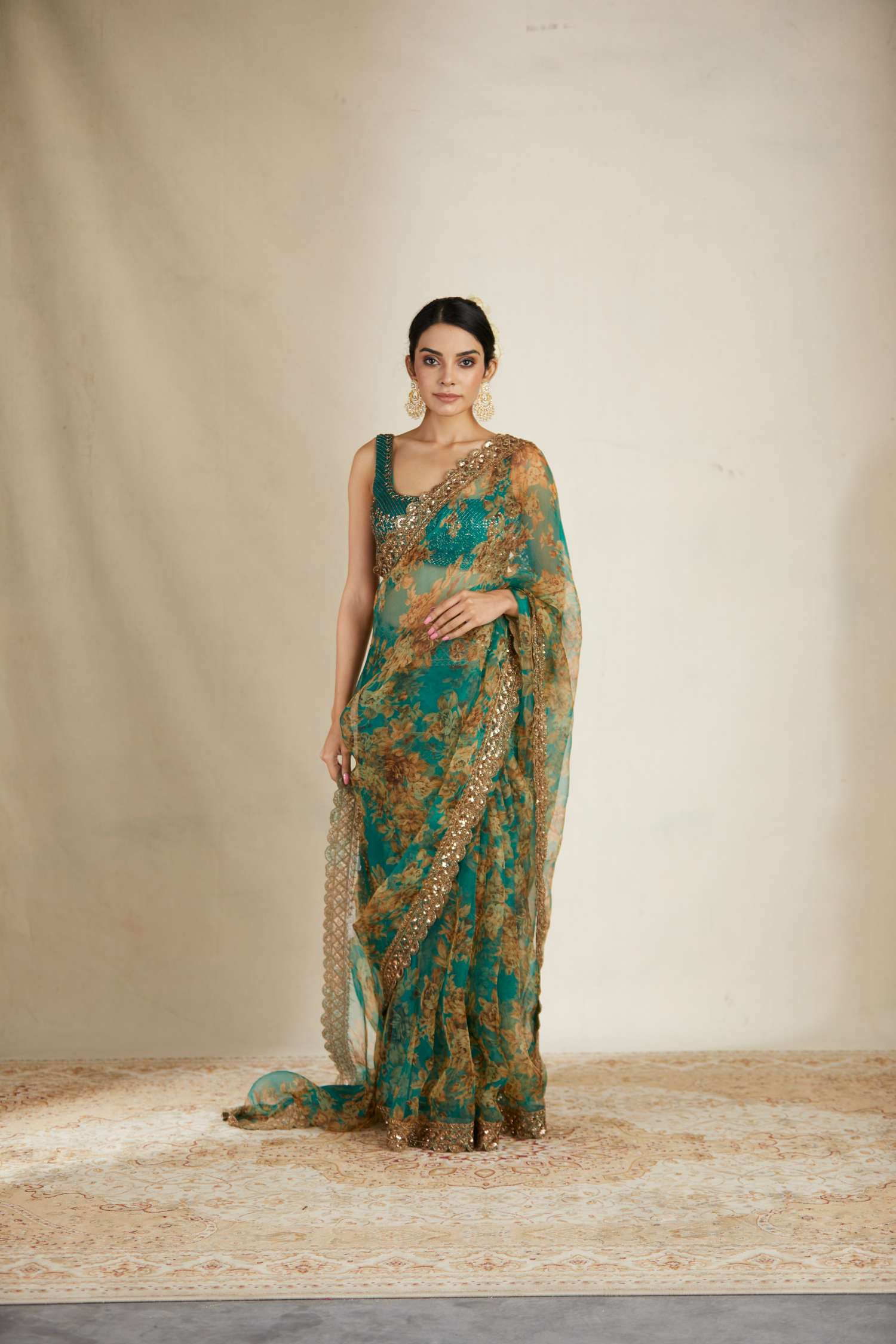 Teal Green Floral Saree Set